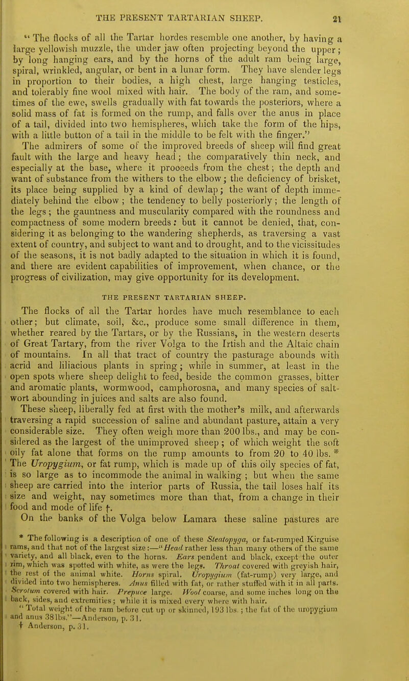  The flocks of all the Tartar hordes resemble one another, by having a large yellowish muzzle, the under jaw often projecting beyond the upper; by long hanging ears, and by the horns of the adult ram being large, spiral, wrinkled, angular, or bent in a lunar form. They have slender legs in proportion to their bodies, a high chest, large hanging testicles, and tolerably fine wool mixed with hair. The body of the ram, and some- times of the ewe, swells gradually with fat towards the posteriors, where a solid mass of fat is formed on the rump, and falls over the anus in place of a tail, divided into two hemispheres, which take the form of the hips, with a little button of a tail in the middle to be felt with the finger. The admirers of some of the improved breeds of sheep will find great fault with the large and heavy head ; the comparatively thin neck, and especially at the base, where it prooeeds from the chest; the depth and want of substance from the withers to the elbow; the deficiency of brisket, its place being supplied by a kind of dewlap; the want of depth imme- diately behind the elbow ; the tendency to belly posteriorly; the length of the legs; the gauntness and muscularity compared with the roundness and compactness of some modern breeds: but it cannot be denied, that, con- sidering it as belonging to the wandering shepherds, as traversing a vast extent of country, and subject to want and to drought, and to the vicissitudes of the seasons, it is not badly adapted to the situation in which it is found, and there are evident capabilities of improvement, when chance, or the progress of civilization, may give opportunity for its development. THE PRESENT TARTARIAN SHEEP. The flocks of all the Tartar hordes have much resemblance to each other; but climate, soil, &c, produce some small difference in them, whether reared by the Tartars, or by the Russians, in the western deserts of Great Tartary, from the river Volga to the Irtish and the Altaic chain of mountains. In all that tract of country the pasturage abounds with acrid and liliacious plants in spring; while in summer, at least in the open spots where sheep delight to feed, beside the common grasses, bitter and aromatic plants, wormwood, camphorosna, and many species of salt- wort abounding in juices and salts are also found. These sheep, liberally fed at first with the mother's milk, and afterwards traversing a rapid succession of saline and abundant pasture, attain a very considerable size. They often weigh more than 200 lbs., and may be con- sidered as the largest of the unimproved sheep; of which weight the soft ■ oily fat alone that forms on the rump amounts to from 20 to 40 lbs. * ' The Uropygium, or fat rump, which is made up of this oily species of fat, is so large as to incommode the animal in walking ; but when the same sheep are carried into the interior parts of Russia, the tail loses half its size and weight, nay sometimes more than that, from a change in their food and mode of life f. On the banks of the Volga below Lamara these saline pastures are * The following is a description of one of these Steatopyga, or fat-rumped Kirguise l rams, and that not of the largest size:—Head rather less than many others of the same variety, and all black, even to the horns. Ears pendent and black, except the outer rim, which was spotted with white, as were the legs. Throat covered with greyish hair, the rest of the animal white. Horns spiral. Uropygium (fat-rump) very large, and divided into two hemispheres. Anus filled with fat, or rather stuffed with it in all parts. Scrotum covered with hair. Prepuce large. Wool coarse, and some inches long on tho I back, sides, and extremities; while it is mixed every where with hair. Total weight of the ram before cut up or skinned, 193 lbs.; the fat of the uropygium > and anus 38 lbs.—Anderson, p. 31. + Anderson, p. 31.