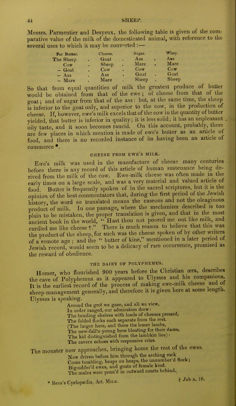 Messrs. Parmentier and Desyeux, the following table is given of the com- parative value of the milk of the domesticated animal, with reference to the several uses to which it may be converted :— For Batter. Cheese. Sugar. Whey. The Sheep . Goat . Ass . Ass Cow . Sheep . Mare . Mare - Goat . Cow . Cow Cow - Ass . Ass . Goat . Goat - Mare . Mare . Sheep . Sheep So that from equal quantities of milk the greatest produce of butter would be obtained from that of the ewe ; of cheese from that of the goat; and of sugar from that of the ass: but, at the same time, the sheep is inferior to the goat only, and superior to the cow, in the production of cheese. If, however, ewe's milk excels that of the cow in the quantity of butter yielded, that butter is inferior in quality; it is less solid; it has an unpleasant . oily taste, and it soon becomes rancid. On this account, probably, there are few places in which mention is made of ewe's butter as an article of food, and there is no recorded instance of its having been an article of commerce *. CHEESE FROM EWE's MILK. Ewe's milk was used in the manufacture of cheese many centuries before there is any record of this article of human sustenance being de- rived from the milk of the cow. Ewe-milk cheese was often made in the early times on a large scale, and was a very material and valued article of food Butter is frequently spoken of in the sacred scriptures, but it is the opinion of the best commentators that, during the first period of the Jewish history the word so translated means the caseous and not the oleaginous product of milk. In one passage, where the mechanism described is too plain to be mistaken, the proper translation is given, and that in the most ancient book in the world, Hast thou not poured me out like milk, and curdled me like cheese t There is much reason to believe that this was the product of the sheep, for such was the cheese spoken of by other writers of aremote age ; and the  butter of kine, mentioned m a later period of Jewish record, would seem to be a delicacy of rare occurrence, promised as the reward of obedience. THE DAIRY OF POLYPHEMUS. Homer who nourished 900 years before the Christian sera, describes the cave of Polyphemus as it appeared to Ulysses and his companions. It is the earliest record of the process of making ewe-milk cheese and o\ sheep-management generally, and therefore it is given here at some length. Ulysses is speaking. Around the grot we gaze, and all we view, In order ranged, our admiration drew: The bending shelves with loads of cheeses pressed, The folded flocks each separate from the rest. (The larger here, and there the lesser lambs, The new-fall'u young here bleating for their Hams, The kid distinguished from the lambkin lies) : The cavern echoes with responsive cries. The monster now approaches, bringing home the rest of the ewes. Now driven before him through the arching rock Come tumbling, heaps on heaps, the unnumber'd flock; Big-udder'd ewes, and goats of female kmd. The males were penn'd in outward courts behind.. * Rees's Cyclopcedia.. Art. Milk. + Job x- 10,