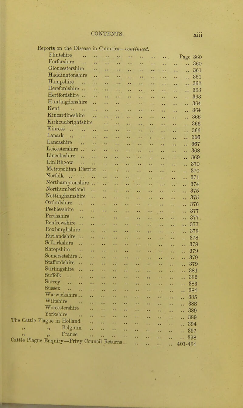 Reports on the Disease in Counties—continued. Flintshire .. Page 360 Forfarshire 3gQ Gloucestershire 3g]^ Haddingtonshire 3gj Hampshire ,. ,. 362 Herefordshire 353 Hertfordshu-e 363 Huntingdonshire 354 I^ent 364 Kincardineshire .. ,. 366 Kirkcudbrightshire .. 366 Kinross 366 Lanark .. .. 36g Lancashire 367 Leicestershire 363 Lincolnshire - 369 Linlithgow 37Q Metropolitan District 37O Norfolk .. 37j^ Northamptonshire 374 Northumberland 375 Nottinghamshire 375 Oxfordshire 376 Peeblesshire 377 Perthshire 377 Renfrewshire 377 Roxburghshire 378 Rutlandshire 373 Selkirkshire 373 Shropshire 379 Somersetshire 379 Staffordshire 379 Stirlingshire ■. 33I Suffolk I 382 Surrey 383 Sussex 384 Warwickshire 335 Wiltshire ggg Worcestershire 3gg YorkstiirG The Cattle Plague in Holland \', \\ [] [[   ^ »> ,1 Belgium 397 '» » France Cattle Plague Enquiry-Privy Council Returns.. .. 401 464