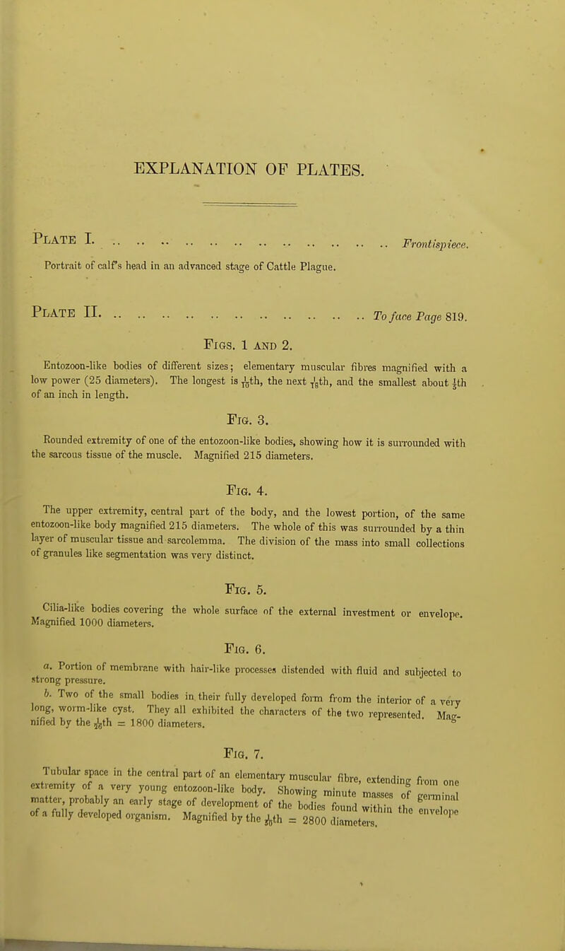 EXPLANATION OF PLATES. Plate L Frontispiece. Portrait of calf s head in an advanced staore of Cattle Plasue. Plate II To face Page m. Figs. 1 and 2. Entozoon-like bodies of different sizes; elementary muscular fibres magnified with a low power (25 diameters). The longest is ^th, the next f'jth, and the smallest about ^th of an inch in length. Fig. 3. Rounded extremity of one of the entozoon-like bodies, showing how it is suiTounded with the sarcous tissue of the muscle. Magnified 215 diameters. Fig. 4. The upper extremity, central part of the body, and the lowest portion, of the same entozoon-like body magnified 215 diameters. The whole of this was surrounded by a thin layer of muscular- tissue and sarcolemraa. The division of the mass into small collections of granules like segmentation was very distinct. Fig. 5. Cilia-like bodies covering the whole surface of the external investment or envelope Magnified 1000 diameters. Fig. 6. a. Portion of membrane with hair-like processes distended with fluid and subjected to strong pressure. 6. Two of the small bodies in their fully developed form fiom the interior of a very long, worm-like cyst. They all exhibited the characters of the two represented Ma/ nified by the 2^th = 1800 diameters.  ° Fig. 7. Tubukr space in the central part of an elementmy muscular fibre, extending from one extremity of a very young entozoon-like body. Showing minute n,n==„= e matter, probably an early stage of development'of the bodies I d wZ the ''T of a fully developed organism. Magnified by the ,^,th = 280 diZetlf