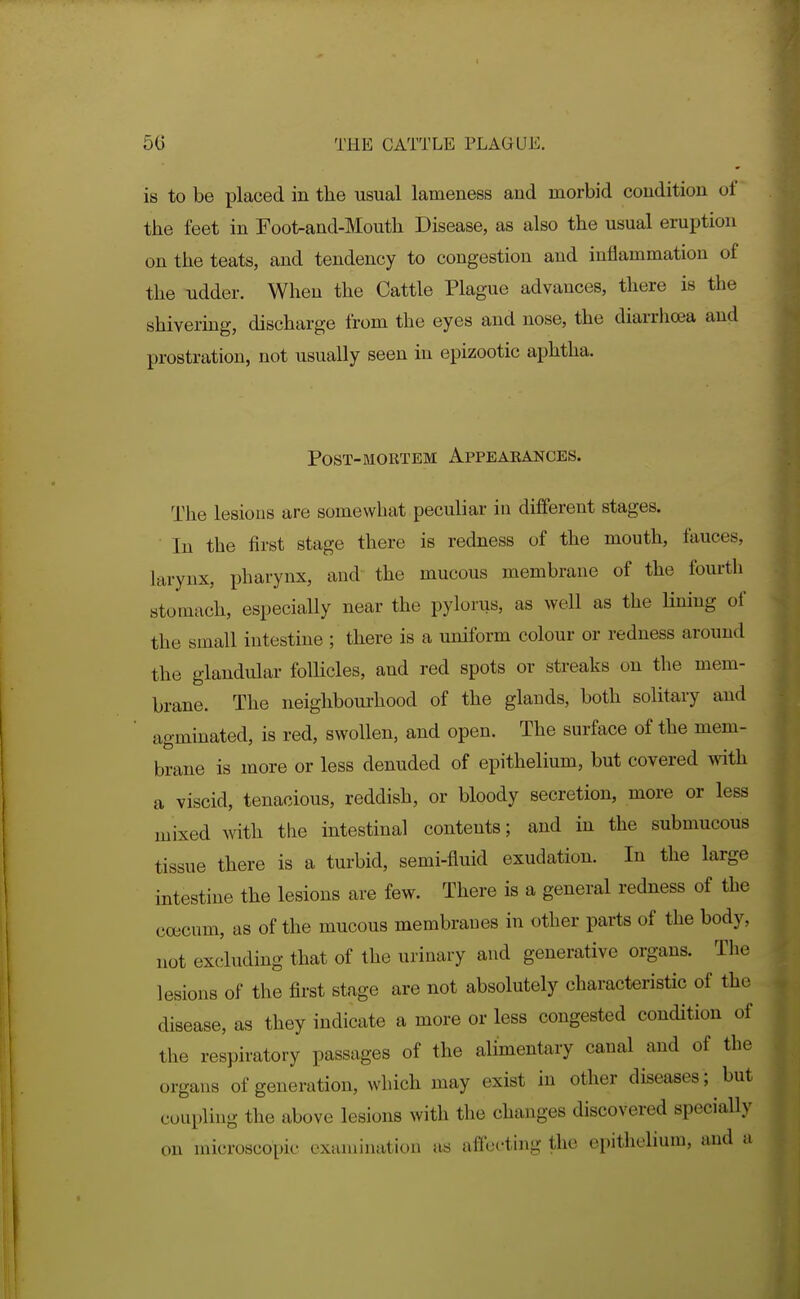 is to be placed in the usual lameness and morbid condition of the feet in roo1>and-Mouth Disease, as also the usual eruption on the teats, and tendency to congestion and inflammation of the udder. When the Cattle Plague advances, there is the shivering, discharge from the eyes and nose, the diarrhaja and prostration, not usually seen in epizootic aphtha. Post-mortem Appearances. The lesions are somewhat peculiar iu different stages. In the first stage there is rechiess of the mouth, fauces, larynx, pharynx, and the mucous membrane of the fourth stomach, especially near the pylorus, as well as the Hning of the small intestine ; there is a uniform colour or redness around the glandular follicles, and red spots or streaks on the mem- brane. The neighbourhood of the glands, both solitary and agminated, is red, swollen, and open. The surface of the mem- brane is more or less denuded of epithelium, but covered with a viscid, tenacious, reddish, or bloody secretion, more or less mixed mth the intestinal contents; and in the submucous tissue there is a turbid, semi-fluid exudation. In the large intestine the lesions are few. There is a general redness of the coecum, as of the mucous membraues in other parts of the body, not excluding that of the urinary and generative organs. The lesions of the first stage are not absolutely characteristic of the disease, as they indicate a more or less congested condition of the respiratory passages of the alimentary caual and of the organs of generation, which may exist in other diseases; but coupling the above lesions with the changes discovered specially on microscopic examination us aflecthig the epithelium, and a