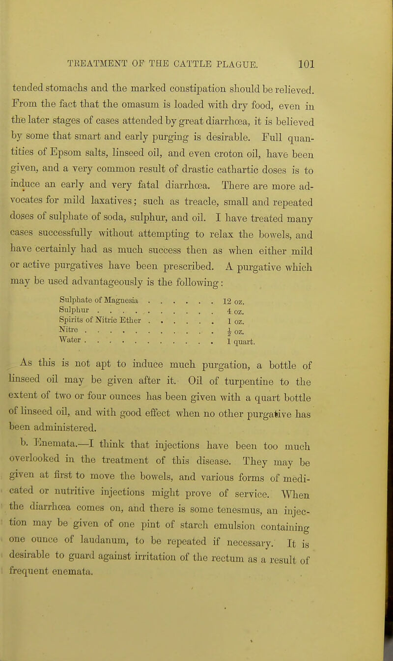 tended stomachs and the marked constijDation should be reheved. From the fact that the omasum is loaded with dry food, even in the later stages of cases attended by great diarrhcea, it is believed by some that smart and early purging is desirable. Full quan- tities of Epsom salts, linseed oil, and even croton oil, have been given, and a very common result of drastic cathartic doses is to induce an early and very fatal diarrhoea. There are more ad- vocates for mild laxatives; such as treacle, small and repeated doses of sulphate of soda, sulphur, and oil. I have treated many cases successfully without attempting to relax the bowels, and have certainly had as much success then as when either mild or active purgatives have been prescribed, A purgative which may be used advantageously is the following: Sulphate of Magnesia 12 oz. Sulphur 4 oz. Spirits of Nitric Ether 1 oz. Nitre i oz. Water 1 quart. As this is not apt to induce much purgation, a bottle of linseed oil may be given after it. Oil of turpentine to the extent of two or four oimces has been given with a quart bottle of linseed oil, and with good effect when no other purgative has been administered. b. Enemata.—I think that injections have been too much overlooked in the treatment of this disease. They may be given at first to move the bowels, and various forms of medi- cated or nutritive injections might prove of service. When the diarrhoea comes on, and there is some tenesmus, an injec- tion may be given of one pint of starch emulsion containing one ounce of laudanum, to be repeated if necessary. It is desii-able to guard against irritation of tlie rectum as a result of frequent enemata.