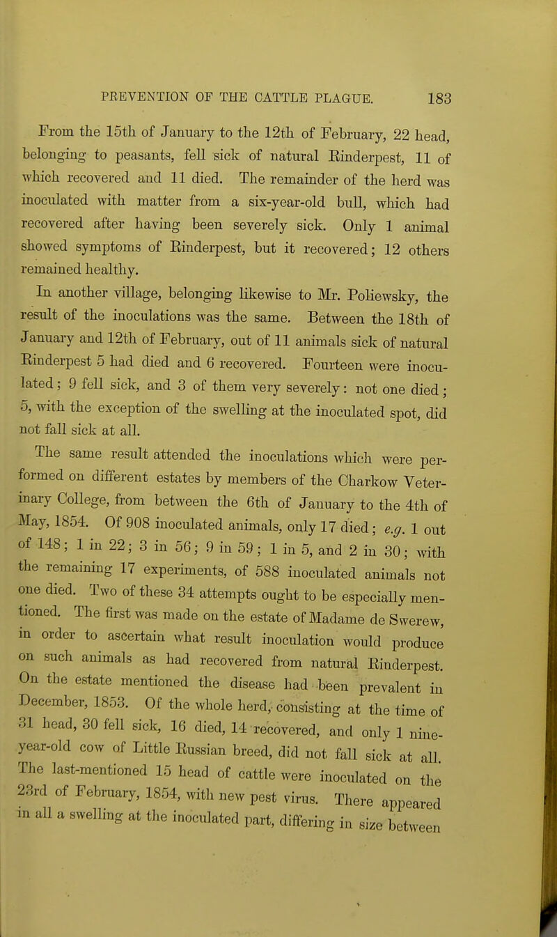 From the 15th of January to the 12th of February, 22 head, belonging to peasants, fell sick of natural Einderpest, 11 of •which recovered and 11 died. The remainder of the herd was inoculated with matter from a six-year-old bull, which had recovered after having been severely sick. Only 1 animal showed symptoms of Einderpest, but it recovered; 12 others remained healthy. In another village, belonging likewise to Mr. Poliewsky, the result of the inoculations was the same. Between the 18th of January and 12th of February, out of 11 animals sick of natui-al Einderpest 5 had died and 6 recovered. Fourteen were inocu- lated ; 9 fell sick, and 3 of them very severely: not one died ; 5, with the exception of the swelling at the inoculated spot, did not fall sick at all. The same result attended the inoculations which were per- formed on different estates by members of the Charkow Veter- inary College, from between the 6th of January to the 4th of May, 1854. Of 908 inoculated animals, only 17 died; e.g. 1 out of 148; 1 in 22; 3 in 56; 9 in 59; 1 in 5, and 2 in 30; with the remaining 17 experiments, of 588 inoculated animals not one died. Two of these 34 attempts ought to be especially men- tioned. The first was made on the estate of Madame de Swerew, in order to ascertain what result inoculation would produce on such animals as had recovered from natural Einderpest. On the estate mentioned the disease had been prevalent in December, 1853. Of the whole herd, consisting at the time of 31 head, 30 fell sick, 16 died, 14 recovered, and only 1 nine- year-old cow of Little Eussian breed, did not fall sick at all The last-mentioned 15 head of cattle were inoculated on the 23rd of February, 1854, with new pest virus. There appeared in all a swelling at tlie inoculated part, differing in .ize between