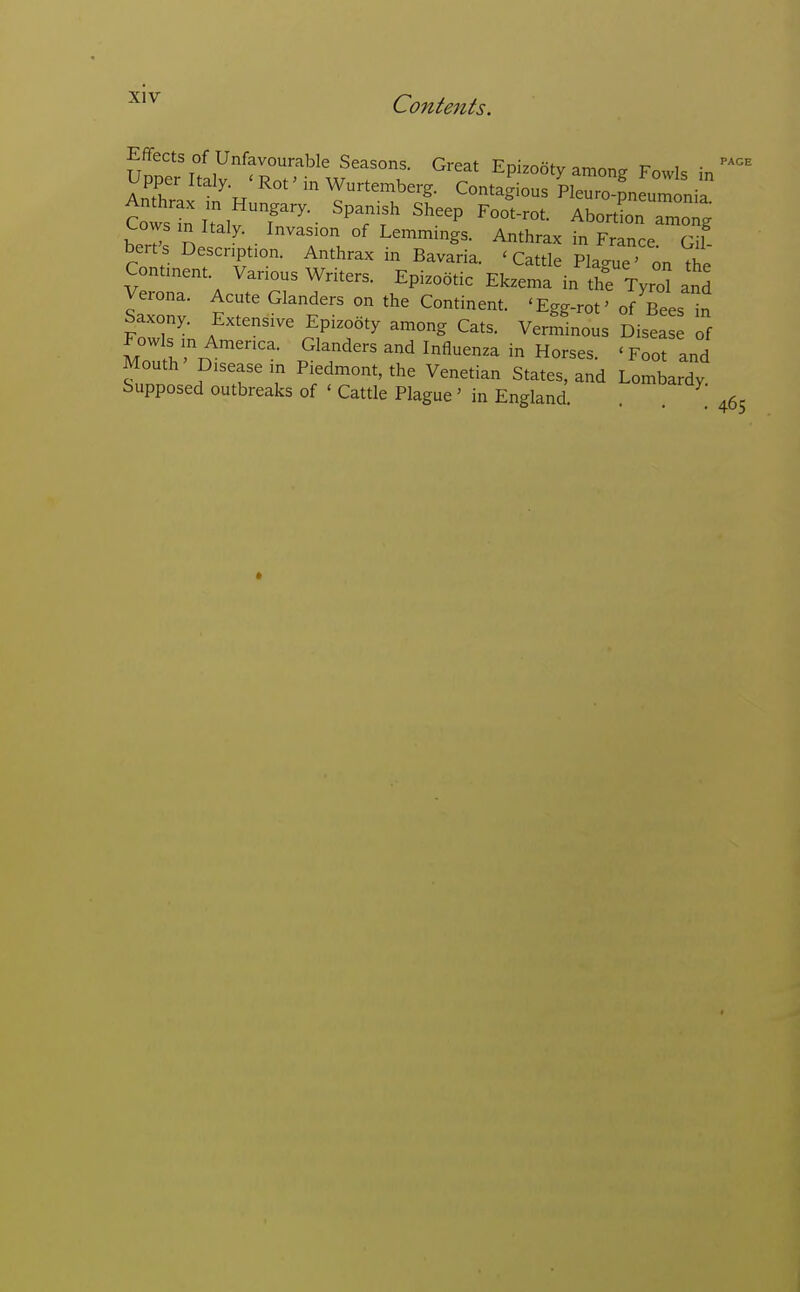 Effects of Unfavourable Seasons. Great Epizooty amon. Fowls in Upper Italy. < Rot' in Wurtemberg. Contagious Pleuro pneumonia Cowsl\Talf '^Tf ''^ Abordon amoTg cows in Italy. Invasion of Lemmings. Anthrax in France Gil bert's Description. Anthrax in Bavaria. ' Cattle Plague ' on L Continent. Various Writers. Epizootic Ekzema in the Tyro^ and IZv G^-^— the Continent. 'Egg-rot' of Bees in Saxony. Extensive Epizooty among Cats. Verminous Disease of Fowls in America. Glanders and Influenza in Horses. 'Foot and Mouth' Disease m Piedmont, the Venetian States, and Lombardy Supposed outbreaks of ' Cattle Plague' in England. . . PAGE 465 *