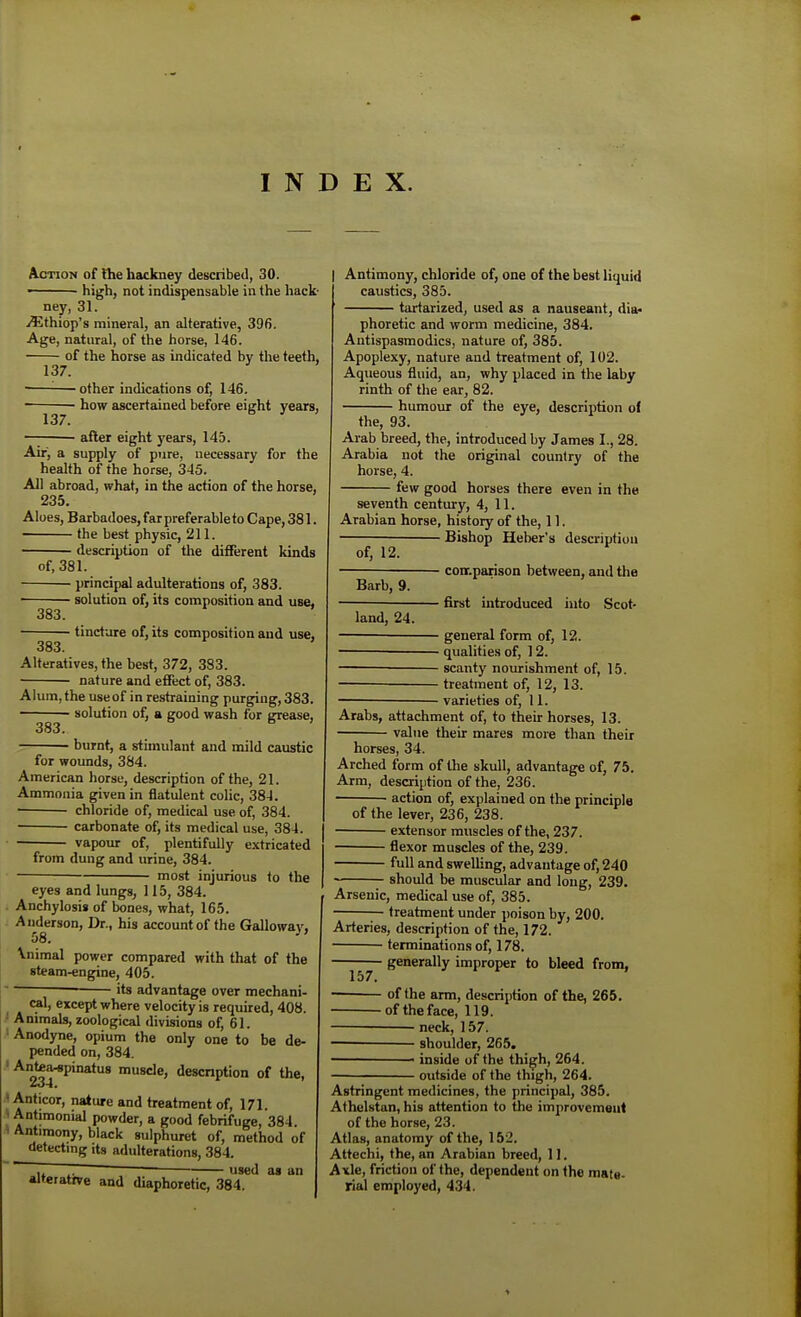 INDEX. Action of Ihe hackney described, 30. ' h>gh, not indispensable in the hack- ney, 31. i^lthiop's mineral, an alterative, 396. Age, natural, of the horse, 146. of the horse as indicated by the teeth, 137. ■ '■—other indications of, 146. how ascertained before eight years, 137. after eight years, 145. Air^ a supply of pure, necessary for the health of the horse, 345. All abroad, what, in the action of the horse, 235. Aloes, Barbadoes, far preferable to Cape, 381. the best physic, 211. description of the different kinds of, 381. ■ principal adulterations of, 383. • solution of, its composition and use, 383. tincture of, its composition and use, 383. Alteratives, the best, 372, 383. nature and effect of, 383. Alum, the useof in restraining purging, 383. solution of, a good wash for grease, 383. burnt, a stimulant and mild caustic for wounds, 384. American horso, description of the, 21. Ammonia given in flatulent colic, 384. ■ chloride of, medical use of, 384. carbonate of, its medical use, 384. vapour of, plentifully extricated from dung and urine, 384. most injurious to the eyes and lungs, 115, 384, Anchylosis of bSnes, what, 165. Anderson, Dr., his account of the Galloway, 58, Vnimal power compared with that of the steam-engine, 405. its advantage over mechani- cal, except where velocity is required, 408. Animals, zoological divisions of, 61. Anodyne, opium the only one to be de- pended on, 384. Antea-spinatus muscle, description of the, Anticor, nature and treatment of, 171. Antimonial powder, a good febrifuge, 384. Antimony, black sulphuret of, method of detecting its adulterations, 384. ,, 7! used as an alteratrve and diaphoretic, 384. Antimony, chloride of, one of the best liquid caustics, 385. tartarized, used as a nauseant, dia« phoretic and worm medicine, 384. Antispasmodics, nature of, 385. Apoplexy, nature and treatment of, 102. Aqueous fluid, an, why placed in the laby rinth of the ear, 82. humour of the eye, description ol the, 93. Arab breed, the, introduced by James I., 28. Arabia not the original country of the horse, 4. few good horses there even in the seventh century, 4, 11. Arabian horse, history of the, 11. ■ Bishop Heber's description of, 12. Barb, 9. land, 24. ■ conr.parison between, and the ■ first introduced into Scot- general form of, 12. ■ qualities of, 12. scanty nourishment of, 15. — treatment of, 12, 13. — varieties of, 11. Arabs, attachment of, to their horses, 13. value their mares more than their horses, 34. Arched form of the skull, advantage of, 75. Arm, description of the, 236. action of, explained on the principle of the lever, 236, 238. extensor muscles of the, 237. flexor muscles of the, 239. full and sweUing, advantage of, 240 should be muscular and long, 239. Arsenic, medical use of, 385. treatment under poison by, 200. Arteries, description of the, 172. terminations of, 178. generally improper to bleed from, 157. of the arm, description of the, 265. -of the face, 119. neck, 157. shoulder, 265, —— inside of the thi^h, 264. ■ outside of the thigh, 264. Astringent medicines, the principal, 385. Athelstan, his attention to the improvement of the horse, 23. Atlas, anatomy of the, 152. Attechi, the, an Arabian breed, 11. Axle, friction of the, dependent on the mate- rial employed, 434.