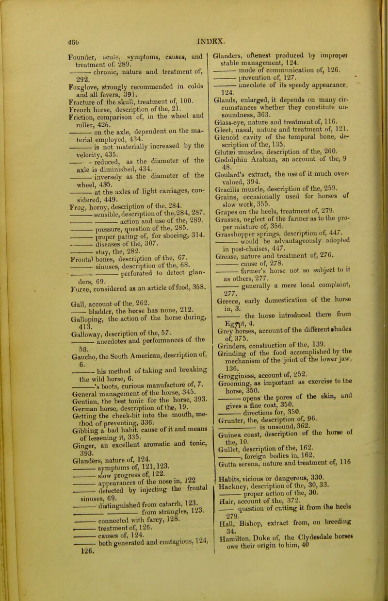 Founder, ucii!-. symptoms, causes, and treatment of. 289. chronic, nature and treatment of, 292. Foxglove, strongly recommended in colds and all fevers, 391. Fracture of the skull, treatment of, 100. French horse, description of the, 21. Friction, comparison of, in the wheel and roller, 426. . on the axle, dependent on the ma- terial employed, 434. ■ is not materially increased by the velocity, 435. reduced, as the diameter of the axle is diminished, 434. inversely as the diameter of the wheel, 435. ■ at the axles of light carriages, con- sidered, 449 Frog, horny, description of the, 284. sensible, description of the,284, 287. action and use of the, 289. pressure, question of the, 285. proper paring of, for shoeing, 314. diseases of the, 307. ■ stay, the, 282. Frontal bones, description of the, 67. sinuses, description of the, 68. perforated to detect glan- ders, 69. FiiTze, considered as an article of food, 368. Gall, account of the, 262. bladder, the horse has none, 212. Galloping, the action of the horse during, 413. Galloway, description of the, 57. anecdotes and performances of the 58 Gaucho, the South American, description of, '.— his method of taking and breaking the wild horse, 6. -'s boots, curious manufacture of, 7. General management of the horse, 345. Gentian, the best tonic for the horse, 393. German horse, description of the, 19. Getting the cheek-bit into the mouth, me- ihod of preventing, 336. Gibbing a bad habit, cause of it and means of lessening it, 335. Ginger, an excellent aromatic and tome, 393. Glanders, nature of, 124. . symptoms of, 121,123. . slow progress of, 122. _ appearances of the nose in, detected by injecting the frontal sinuses, 69. , lo-j distinguished from catarrh, . from strangles, 123. connected with farcy, 128. . treatment of, 126. ——causes of, 124. both generated and contagious, 124, Glanders, oftenest produced by im[irop«tT stable management, 124. mode of commiuiication of, 126. prevention of, 127. anecdote of its speedy api)earance. 124. Glands, enlarged, it depends on many cir- cumstances whether they constitute un- soundness, 363. Glass-eye, nature and treatment of, 116. Gleet, nasal, nature and treatment of, 121. Glenoid cavity of the temporal bone, de- scription of the, 135. Glutaei muscles, description of the, 260. Godolphin Arabian, an account of the, 9 48. Goulard's extract, the use of it much over- valued, 394. Gracilis muscle, description of the, 259. Grains, occasionally used for horses of blow work, 355. Grapes on the heels, treatment of, 279. Grasses, neglect of the farmer as to the pro- per mixture of, 356. Grasshopper springs, description of, 447. would be advantageously adopted in post-chaises, 447. Grease, nature and treatment of, 276. cause of, 278. farmer's horse not so subject to it as others, 277. generally a mere local complaint. 277. Greece, early domestication of the horse in, 3. the horse introduced there from EgJT)t, 4. Grey horses, account of the different thades of, 375. Grinders, construction of the, 139. Grinding of the food accomplished by the mechanism of the joint of the lower jaw. 136. Grogginess, account of, 252. Grooming, as important as exercise to the horse, 350. opens the pores of the skm, and gives a fine coat, 350. • directions for, 350. Grunter, the, description of, 96. - is unsound, 362. Guinea coast, description of the horse ol the, 10. Gullet, description of the, 162. •, foreign bodies in, 162. 126. Gutta serena, nature and treatment of, 116 Habits, vicious or dangerous, 330. Hackney, description of the, 30, 33. proper action of the, 30. Hair, account of the, 372. question of cutting it from the heels Hall. Bishop, extract from, on breednig 34. Hamilton, Duke of, the Clydesdale horses owe their origin to him, 40