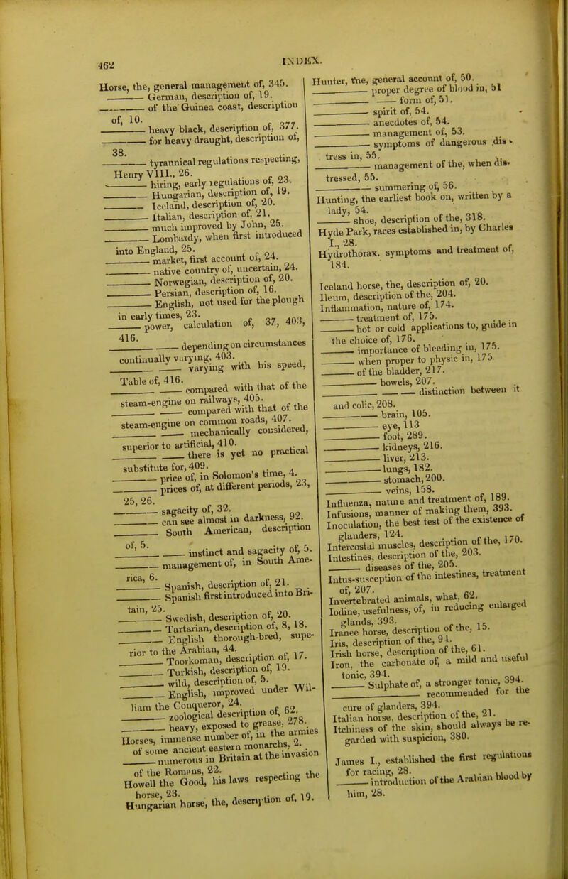 •16V: Horse, the, general managemeut of, 345. German, description of, 19. of the Guinea coast, description heavy black, description ot, a/1- ■ for heavy draught, description of, - tyrannical regulations respecting, Henry Vlll., 26. hiring, early legulations ot, /.J. Hunsrarian, description ot, Iceland, description of, 20. . Italian, description of, 21. ■ much improved by J ohn, 25. 38. _ Lombaidy, when first introduced into England, 25. . c o\ market, first account ot, ^4. native country of, uncertain, ^4. Norwegian, description of, iO. Persian, description of, 16. . English, not used for the plough Hunter, fne, general account of, 50. proper degree of blood »d, bl ■ form of, 51. ___ ■ spirit of, 54. anecdotes of, 54. management of, 53. in early times, 23. power, calculation of, 37, 40 5, 416. depending on circumstances ^^^^ll^'Tai^hifwith his speed, compared with that of the ^*-™-S'^To4^eTwiifthatofthe ^ J„ A(\7 steam-engine on common roads, 407. steam e b mechanically considered, superior t_o_artifidal, 410.^^ no practical substitute for, 409. 4 . price of, in Solomon's time, 4 . prices of, at different periods, 23, 25, 26. — sagacity of, 32. _ can see almost in darkness, 9f _ South American, description . instinct and sagacity of, 5. management of, in South Ame- of, 5. rica, 6, tain, 25. nor to the Arabian, 44. Toorkoman, description ot, 1/. Turkish, description of, I J. . wild, description of, 5. 1 • in tress in, 55 - symptoms of dangerous .dw' 'b. .,. management of the, when di». tressed, 55. ■ summering ot, do. Hunting, the eariiest book on, written by a _! ^ shoe, description of the, 318. Hyde Park, races established in, by Charles I 28 Hydrothorax. symptoms and treatment of, 184. Iceland horse, the, description of, 20. Ileum, description of the, 204. Inflammation, nature of, 174. , ^ treatment of, 175. . hot or cold applications to, giude in the choice of, 176. . importance of bleedmg in, 175. when proper to physic in, 175. of the bladder, 217. ___ bowels, 207. . distinction between it and colic, 208. — brain, 105. eye, 113 — foot, 289. — kidneys, 216. liver, 213. lungs, 182. stomach, 200. veins, 158. Spanish, description of, 21. Spanish first introduced into Bn- _ Swedish, description of, 20. _ Tartarian, description of, S, !»• Enclish thorough-bred, supe- !^~\rssr:tSi- „:::!rth^e3,'Ss laws respect HinSia'n horse, the, description of. 19 Influenza, natme and treatment of, 189. Infusions, manner of making them, 393. inoculation, the best test of the existence of IntioSmuscies, description of the, 170. Intestines, description of the. Mi- . diseases of the, Intus-susception of the intestines, treatment of' 207. . , ..... Invertebrated animals, what, b^. Iodine, usefulness, of, in reducing enlarge glands, 393. , Iranee horse, description of the, 15. Iris, description of the, 94. Irish horse, description of the, tj 1. Iron, the carbonate of, a mild and useful tonic, 394. . . Sulphate of, a stronger tonic, 394. _ recommended tor tiie cure of glanders, 394. Italian horse, description of the, Itchiness of the skin, should always be re- garded with suspicion, 380. James I., established the first rcgulationt j!L:ttr'odSion of the Arabian blood by him, 28.