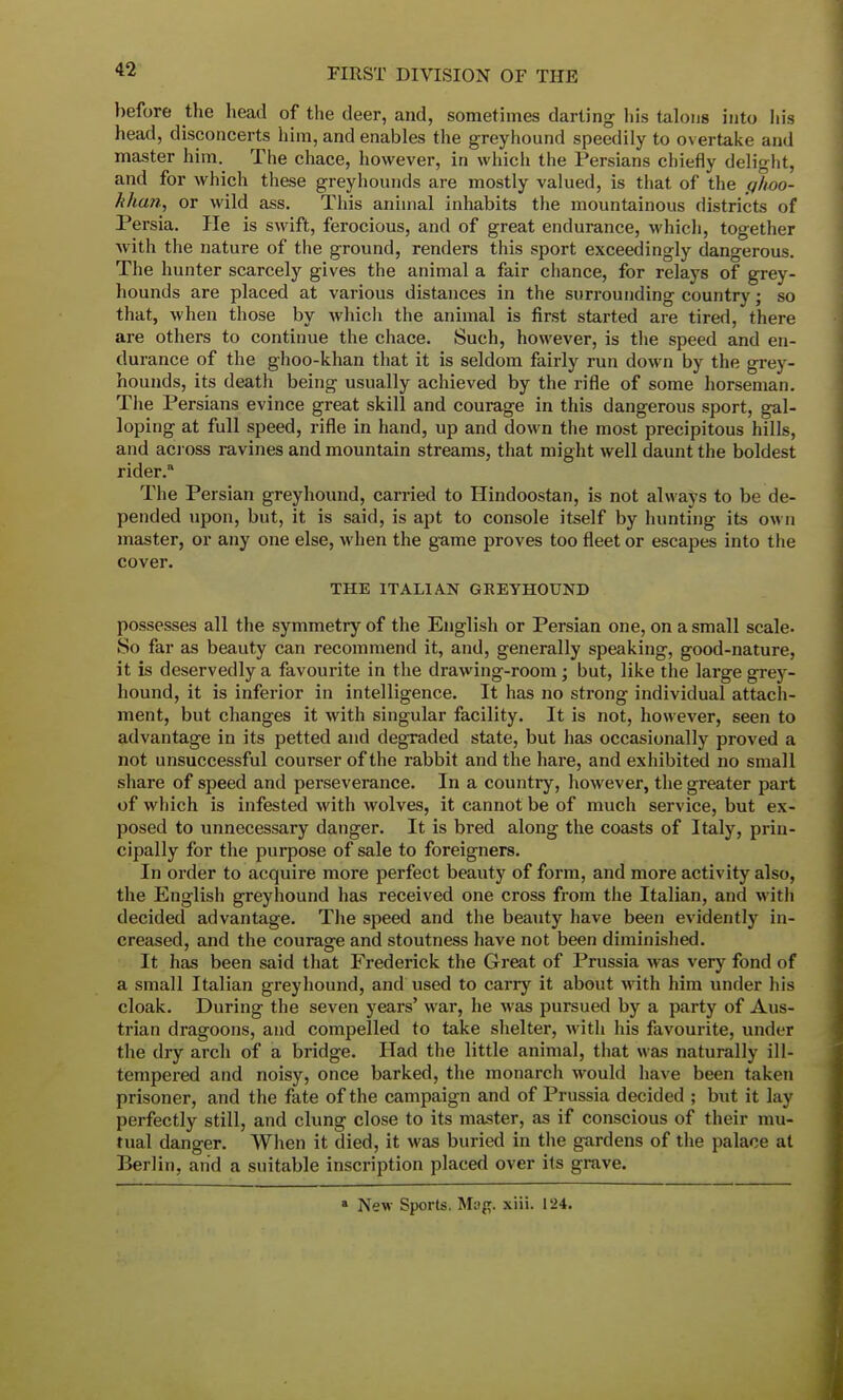 before the head of the deer, and, sometimes darting his talons into his head, disconcerts him, and enables the greyhound speedily to overtake and master him. The chace, however, in which the Persians chiefly delight, and for which these greyhounds are mostly valued, is that of the ghoo- hhan, or wild ass. This animal inhabits the mountainous districts of Persia. He is swift, ferocious, and of great endurance, which, together with the nature of the ground, renders this sport exceedingly dangerous. The hunter scarcely gives the animal a fair chance, for relays of grey- hounds are placed at various distances in the surrounding country; so that, when those by which the animal is first started are tired, there are others to continue the chace. Such, however, is the speed and en- durance of the ghoo-khan that it is seldom fairly run down by the grey- hounds, its death being usually achieved by the rifle of some horseman. The Persians evince great skill and courage in this dangerous sport, gal- loping at full speed, rifle in hand, up and down the most precipitous hills, and across ravines and mountain streams, that might well daunt the boldest rider. The Persian greyhound, carried to Hindoostan, is not always to be de- pended upon, but, it is said, is apt to console itself by hunting its own master, or any one else, when the game proves too fleet or escapes into the cover. THE ITALIAN GREYHOUND possesses all the symmetry of the English or Persian one, on a small scale- So far as beauty can recommend it, and, generally speaking, good-nature, it is deservedly a favourite in the drawing-room; but, like the large grey- hound, it is inferior in intelligence. It has no strong individual attach- ment, but changes it with singular facility. It is not, however, seen to advantage in its petted and degraded state, but has occasionally proved a not unsuccessful courser of the rabbit and the hare, and exhibited no small share of speed and perseverance. In a country, however, the greater part of which is infested with wolves, it cannot be of much service, but ex- posed to unnecessary danger. It is bred along the coasts of Italy, prin- cipally for the purpose of sale to foreigners. In order to acquire more perfect beauty of form, and more activity also, the English greyhound has received one cross from the Italian, and with decided advantage. The speed and the beauty have been evidently in- creased, and the courage and stoutness have not been diminished. It has been said that Frederick the Great of Prussia was very fond of a small Italian greyhound, and used to carry it about with him under his cloak. During the seven years' war, he was pursued by a party of Aus- trian dragoons, and compelled to take shelter, with his favourite, under the dry arch of a bridge. Had the little animal, that was naturally ill- tempered and noisy, once barked, the monarch would have been taken prisoner, and the fate of the campaign and of Prussia decided ; but it lay perfectly still, and clung close to its master, as if conscious of their mu- tual danger. When it died, it was buried in the gardens of the palace at Berlin, and a suitable inscription placed over its grave. ■ New Sports. Map. xiii. 124.