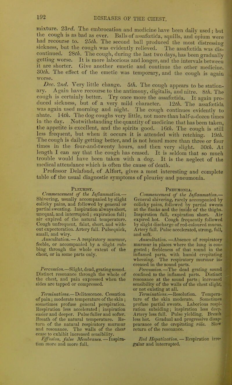 mixture. 23rd. The embrocation and medicine have been dailv used ; but the cough is as bad as ever. Balls of assafoctida, squills, and opium were had recourse to. 25th. The second ball produced the most distressing sickness, but the cough was evidently relieved. The assafoetida was dis° continued. 28th. The cough, during the last two days, has been gradually getting worse. It is more laborious and longer, and the intervals between it are shorter. Give another emetic and continue the other medicine. 30th. The effect of the emetic was temporary, and the cough is a°-ain worse. Dec. 2nd. Very little change. 5th. The cough appears to be station- ary. Again have recourse to the antimony, digitalis, and nitre. 8th. The cough is certainly better. Try once more the assafoetida. It again pro- duced sickness, but of a very mild character. 12th. The assafoetida was again used morning and night. The cough continues evidently to abate. 14th. The dog coughs very little, not more than half-a-dozen times in the day. Notwithstanding the quantity of medicine that has been taken, the appetite is excellent, and the spirits good. 16th. The cough is still less frequent, but when it occurs it is attended with retching. 19///. The cough is daily getting better, and is not heard more than three or four times in the four-and-twenty hours, and then very slight. 30th. At length I can say that the cough has ceased. It is seldom that so much trouble would have been taken with a dog. It is the neglect of the medical attendance which is often the cause of death. Professor Delafond, of Alfort, gives a most interesting and complete table of the usual diagnostic symptoms of pleurisy and pneumonia. Pleurisy. Commencement of the Inflammation.— Shivering, usually accompanied by slight colicky pains, and followed by general or partial sweating. Inspiration always short, unequal, and interrupted ; expiration fall; air expired of the natural temperature. Cough unfrequent, faint, short, and with- out expectoration. Artery full. Pulsequick, small, and wiry. Auscultation. — A respiratory murmur, feeble, or accompanied by a slight rub- bing through the whole extent of the chest, or in some parts only. Percussion.—Slight, dead, gratingsound. Distinct resonance through the whole of the chest, and pain expressed when the sides are tapped or compressed. Terminations.—Delitescence. Cessation of pain; moderate temperature of the skin; sometimes profuse general perspiration. Respiration less accelerated; inspiration easier and deeper. Pulse fuller and softer. Breath of the natural temperature. Re- turn of the natural respiratory murmur and resonance. The walls of the chest cease to exhibit increased sensibility. Effusion, false Membranes. — Inspira- tion more and more full. Pneumonia. Commencement of the Inflammation.— General shivering, rarely accompanied by colicky pains, followed by partial sweats at the flanks and the inside of the thighs. Inspiration full, expiration short. Air expired hot. Cough frequently followed by slight discharge of red-coloured mucus. Artery full. Pulse accelerated, strong, full, and soft. Auscultation. —Absence of respiratory murmur in places where the lung is con- gested ; feebleness of that sound in the inflamed parts, with humid crepitating wheezing. The respiratory murmur in- creased in the sound parts. Percussion.—The dead grating sound confined to the inflamed parts. Distinct resonance at the sound parts; increased sensibility of the walls of the chest slight, or not existing at all. Terminations.—Resolution. Tempera- ture of the skin moderate. Sometimes profuse partial sweats. Laborious respi- ration subsiding; inspiration less deep. Artery less full. Pulse yielding. Breath less hot. Gradual and progressive disap- pearance of the crepitating rule. Slow return of the resonance. lied Hepatization. — Respiration irre- gular and interrupted.