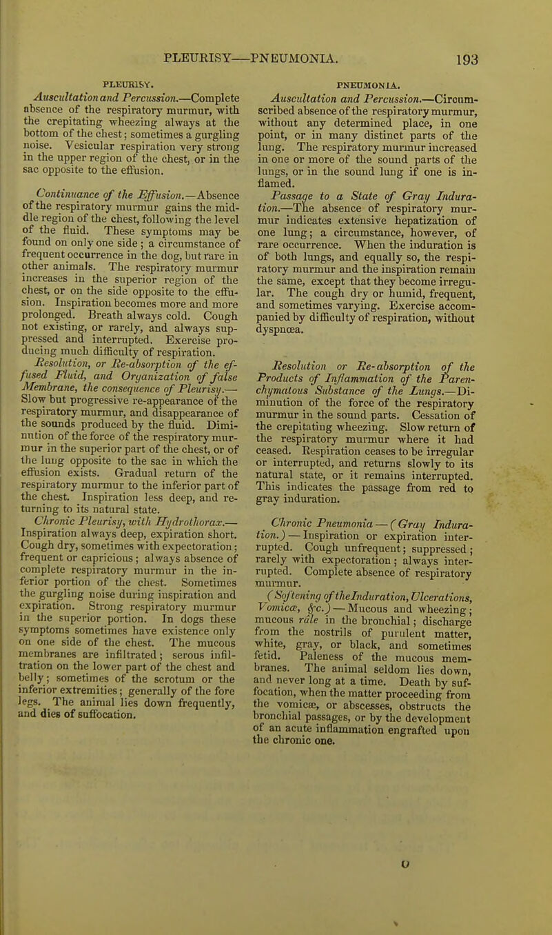 PLEURISY. Auscultation and Percussion.—Complete absence of the respiratory murmur, with the crepitating wheezing always at the bottom of the chest; sometimes a gurgling noise. Vesicular respiration very strong in the upper region of the chest, or in the sac opposite to the effusion. Continuance of the Effusion.—Absence of the respiratory murmur gains the mid- dle region of the chest, following the level of the fluid. These symptoms may be found on only one side ; a circumstance of frequent occurrence in the dog, but rare in other animals. The respiratory murmur increases in the superior region of the chest, or on the side opposite to the effu- sion. Inspiration becomes more and more prolonged. Breath always cold. Cough not existing, or rarely, and always sup- pressed and interrupted. Exercise pro- ducing much difficulty of respiration. Besolution, or He-absorption of the ef- fused Fluid, and Organization of false Membrane, the consequence of Pleurisi/.— Slow but progressive re-appearance of the respiratory murmur, and disappearance of the sounds produced by the fluid. Dimi- nution of the force of the respiratory mur- mur in the superior part of the chest, or of the lung opposite to the sac in which the effusion exists. Gradual return of the respiratory murmur to the inferior part of the chest. Inspiration less deep, and re- turning to its natural state. Chronic Pleurisi/, with Hydrothorax.— Inspiration always deep, expiration short. Cough dry, sometimes with expectoration; frequent or capricious; always absence of complete respiratory murmur in the in- ferior portion of the chest. Sometimes the gurgling noise during inspiration and expiration. Strong respiratory murmur in the superior portion. In dogs these symptoms sometimes have existence only on one side of the chest. The mucous membranes are infiltrated; serou6 infil- tration on the lower part of the chest and belly; sometimes of the scrotum or the inferior extremities; generally of the fore legs. The animal lies down frequently, and dies of suffocation. PNEUMONIA. Auscultation and Percussion.—Circum- scribed absence of the respiratory murmur, without any determined place, in one point, or in many distinct parts of the lung. The respiratory murmur increased in one or more of the sound parts of the lungs, or in the sound lung if one is in- flamed. Passage to a State of Gray Indura- tion.—The absence of respiratory mur- mur indicates extensive hepatization of one lung; a circumstance, however, of rare occurrence. When the induration is of both lungs, and equally so, the respi- ratory murmur and the inspiration remain the same, except that they become irregu- lar. The cough dry or humid, frequent, and sometimes varying. Exercise accom- panied by difficulty of respiration, without dyspnoea. Resolution or Re-absorption of the Products of Inflammation of the Paren- chymatous Substance of the lungs.—Di- minution of the force of the respiratory murmur in the sound parts. Cessation of the crepitating wheezing. Slow return of the respiratory murmur where it had ceased. Respiration ceases to be irregular or interrupted, and returns slowly to its natural state, or it remains interrupted. This indicates the passage from red to gray induration. Chronic Pneumonia — ( Gray Indura- tion.)— Inspiration or expiration inter- rupted. Cough unfrequent; suppressed; rarely with expectoration; always inter- rupted. Complete absence of respiratory murmur. (Softening of the Induration, Ulcerations, Vomica-, Sfc.) — Mucous and wheezing; mucous rale in the bronchial; discharge from the nostrils of purulent matter, white, gray, or black, and sometimes fetid. Paleness of the mucous mem- branes. The animal seldom lies down, and never long at a time. Death by suf- focation, when the matter proceeding from the vomica?, or abscesses, obstructs the bronchial passages, or by the development of an acute inflammation engrafted upon the chronic one. 0