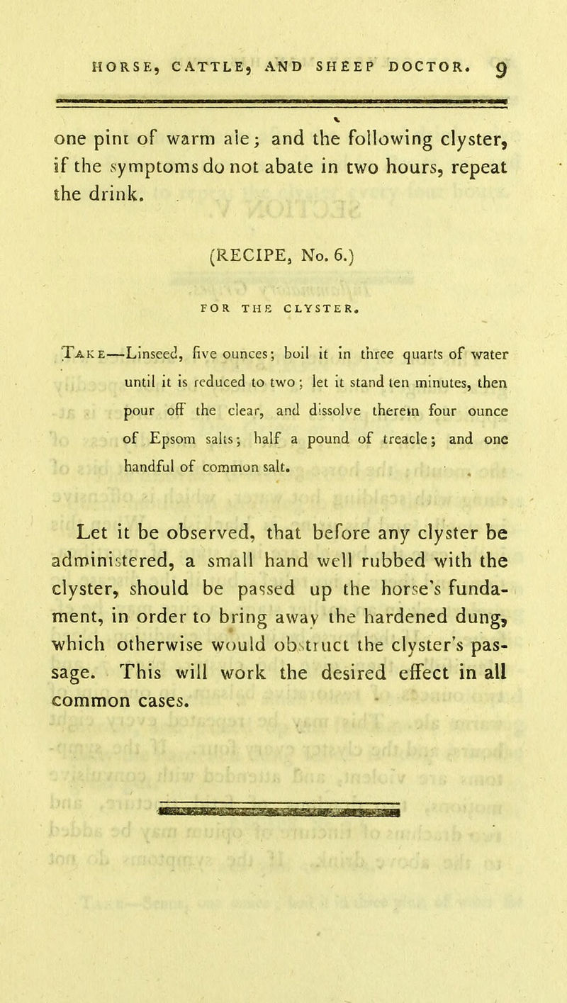 one pint of warm aie; and the following clyster, if the symptoms do not abate in two hours, repeat the drink. (RECIPE, No. 6.) FOR THE CLYSTER. Take—Linseed, five ounces; boil it in three quarts of water until it is reduced to two; let it stand ten minutes, then pour off the clear, and dissolve therein four ounce of . Epsom sails; half a pound of treacle; and one handful of common salt. Let it be observed, that before any clyster be administered, a small hand well rubbed with the clyster, should be passed up the horse's funda- ment, in order to bring awav the hardened dung, which otherwise would obstruct the clyster's pas- sage. This will work, the desired effect in all common cases.