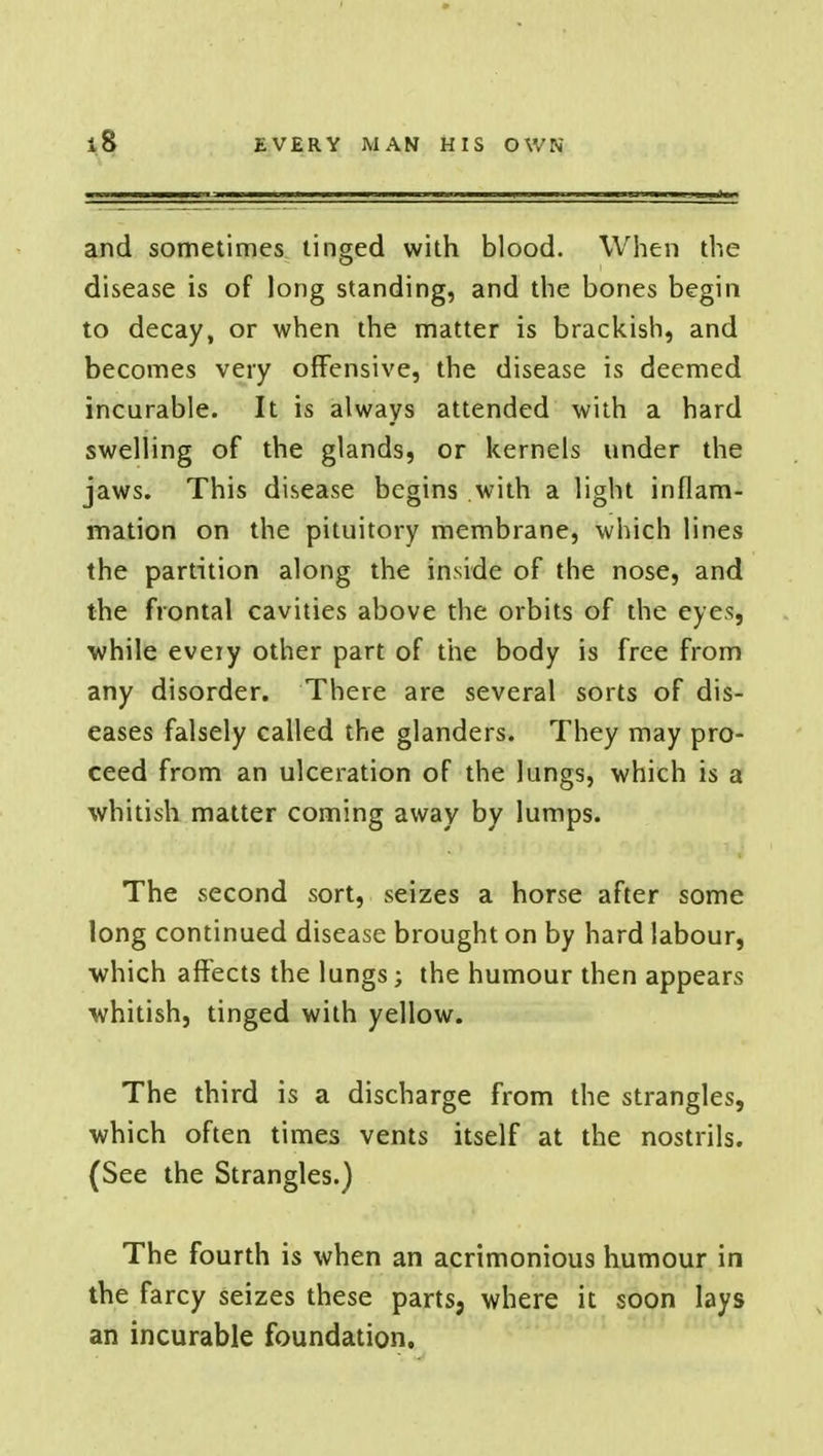 and sometimes tinged with blood. When the disease is of long standing, and the bones begin to decay, or when the matter is brackish, and becomes very offensive, the disease is deemed incurable. It is always attended with a hard swelling of the glands, or kernels under the jaws. This disease begins with a light inflam- mation on the pituitory membrane, which lines the partition along the inside of the nose, and the frontal cavities above the orbits of the eyes, while every other part of the body is free from any disorder. There are several sorts of dis- eases falsely called the glanders. They may pro- ceed from an ulceration of the lungs, which is a whitish matter coming away by lumps. The second sort, seizes a horse after some long continued disease brought on by hard labour, which affects the lungs; the humour then appears whitish, tinged with yellow. The third is a discharge from the strangles, which often times vents itself at the nostrils. (See the Strangles.) The fourth is when an acrimonious humour in the farcy seizes these parts, where it soon lays an incurable foundation.