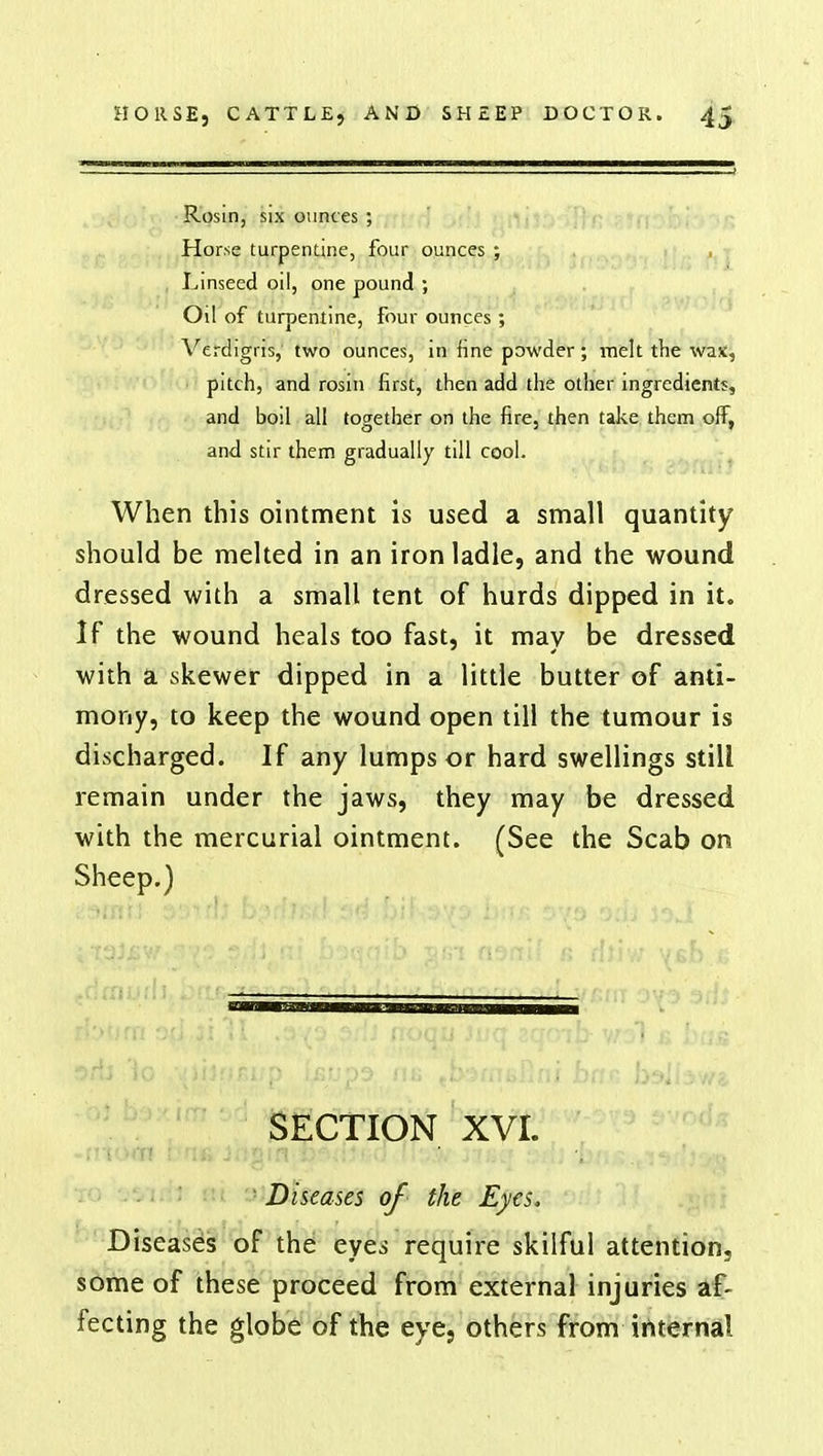 Rosin, six ounces ; Horse turpentine, four ounces ; Linseed oil, one pound ; Oil of turpentine, four ounces; Verdigris, two ounces, in fine powder; melt trie wax, pitch, and rosin first, then add the other ingredients, and boil all together on the fire, then take them off, and stir them gradually till cool. When this ointment is used a small quantity should be melted in an iron ladle, and the wound dressed with a small tent of hurds dipped in it. If the wound heals too fast, it may be dressed with a skewer dipped in a little butter of anti- mony, to keep the wound open till the tumour is discharged. If any lumps or hard swellings still remain under the jaws, they may be dressed with the mercurial ointment. (See the Scab on Sheep.) SECTION XVI. Diseases of the Eyes, Diseases of the eyes require skilful attention, some of these proceed from external injuries af- fecting the globe of the eye, others from internal