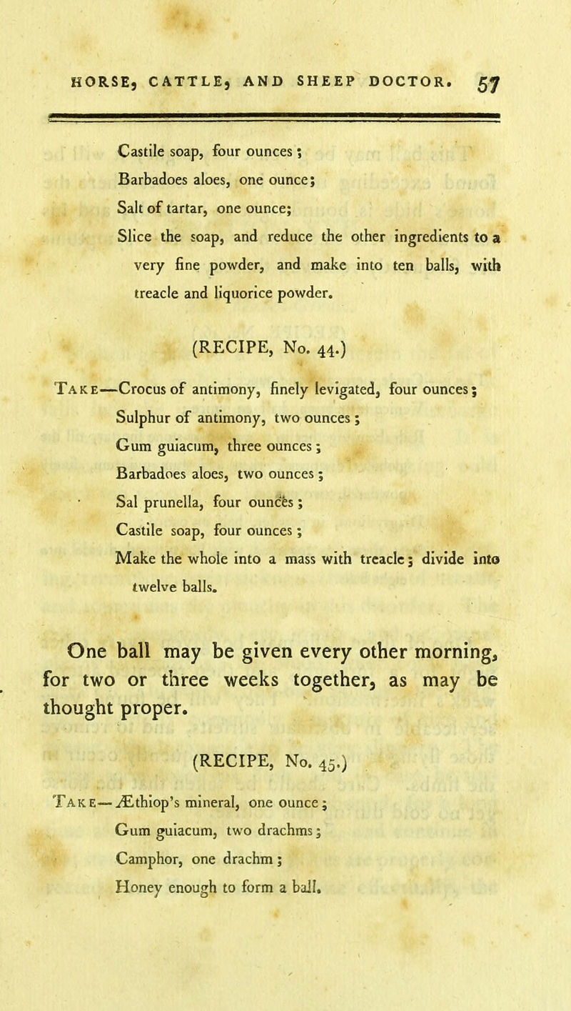 Castile soap, four ounces 5 Barbadoes aloes, one ounce; Salt of tartar, one ounce; Slice the soap, and reduce the other ingredients to a very fine powder, and make into ten balls, with treacle and liquorice powder. (RECIPE, No. 44.) Take—Crocus of antimony, finely levigated, four ounces; Sulphur of antimony, two ounces; Gum guiacum, three ounces ; Barbadoes aloes, two ounces; Sal prunella, four ounces ; Castile soap, four ounces; Make the whole into a mass with treacle; divide into twelve balls. One ball may be given every other morning, for two or three weeks together, as may be thought proper. (RECIPE, No. 45.) Take—iEthiop's mineral, one ounce; Gum guiacum, two drachms; Camphor, one drachm; Honey enough to form a ball.