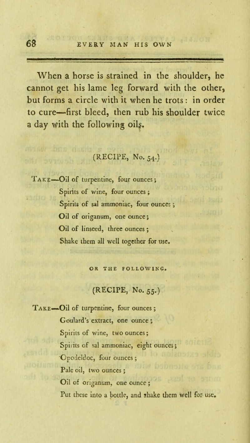 When a horse is strained in the shoulder, he cannot get his lame leg forward with the other, but forms a circle with it when he trots : in order to cure—first bleed, then rub his shoulder twice a day with the following oilg. (RECIPE, No. 54.) Take—Oil of turpentine, four ounces; Spirits of wine, four ounces ; Spirits of sal ammoniac, four ounces ; Oil of origanum, one ounce; Oil of linseed, three ounces; Shake them all well together for use. OR THE FOLLOWING. (RECIPE, No. 55.) Take—Oil of turpentine, four ounces; Goulard's extract, one ounce; Spirits of wine, two ounces; Spirits of sal ammoniac, eight ounces; Opodeldoc, four ounces; Pale oil, two ounces; Oil of origanum, one ounce ; Put these into a bottle, and shake them well for use.
