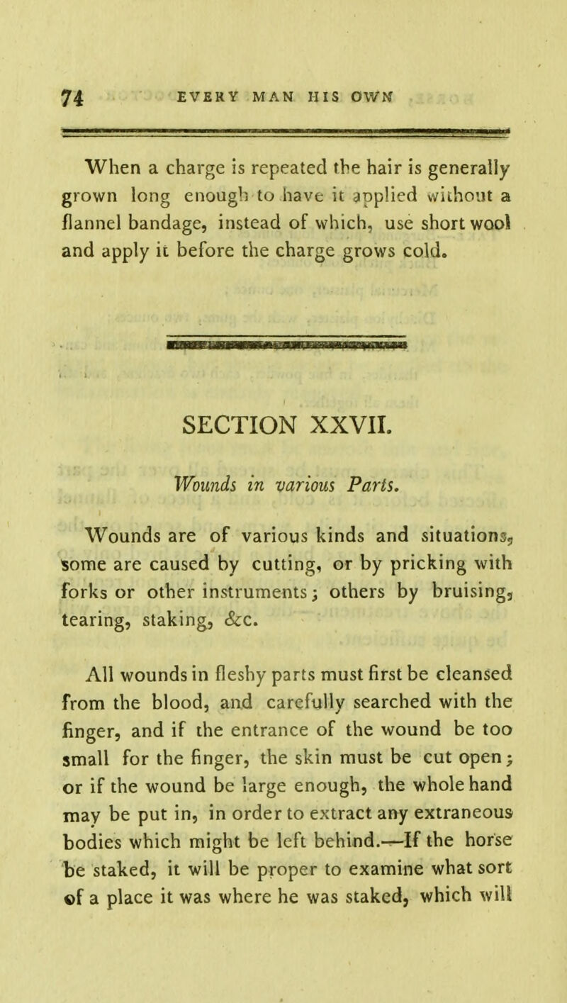 When a charge is repeated the hair is generally grown long enough to have it applied without a flannel bandage, instead of which, use short wooi and apply it before the charge grows cold. SECTION XXVII. Wounds in various Parts. Wounds are of various kinds and situations. Some are caused by cutting, or by pricking with forks or other instruments; others by bruising, tearing, staking, &c. All wounds in fleshy parts must first be cleansed from the blood, and carefully searched with the finger, and if the entrance of the wound be too small for the finger, the skin must be cut open; or if the wound be large enough, the whole hand may be put in, in order to extract any extraneous bodies which might be left behind.—If the horse be staked, it will be proper to examine what sort ©f a place it was where he was staked, which will