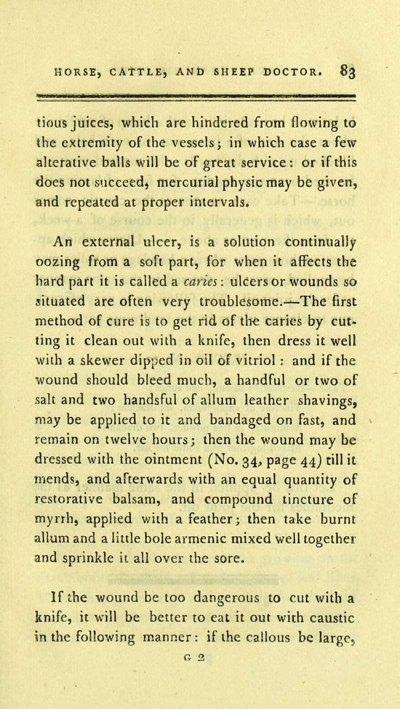 tious juices, which are hindered from flowing to the extremity of the vessels 3 in which case a few alterative balls will be of great service: or if this does not succeed^ mercurial physic may be given, and repeated at proper intervals. An external ulcer, is a solution continually oozing from a soft part, for when it affects the hard part it is called a caries: ulcers or wounds so situated are often very troublesome.—The first method of cure is to get rid of the caries by cut. ting it clean out with a knife, then dress it well with a skewer dipped in oil of vitriol : and if the wound should bleed much, a handful or two of salt and two handsful of allum leather shavings, may be applied to it and bandaged on fast, and remain on twelve hours; then the wound may be dressed with the ointment (No. 34, page 44) till it mends, and afterwards with an equal quantity of restorative balsam, and compound tincture of myrrh, applied with a feather; then take burnt allum and a little bole armenic mixed well together and sprinkle it all over the sore. If the wound be too dangerous to cut with a knife, it will be better to eat it out with caustic in the following manner: if the callous be large5 o 2