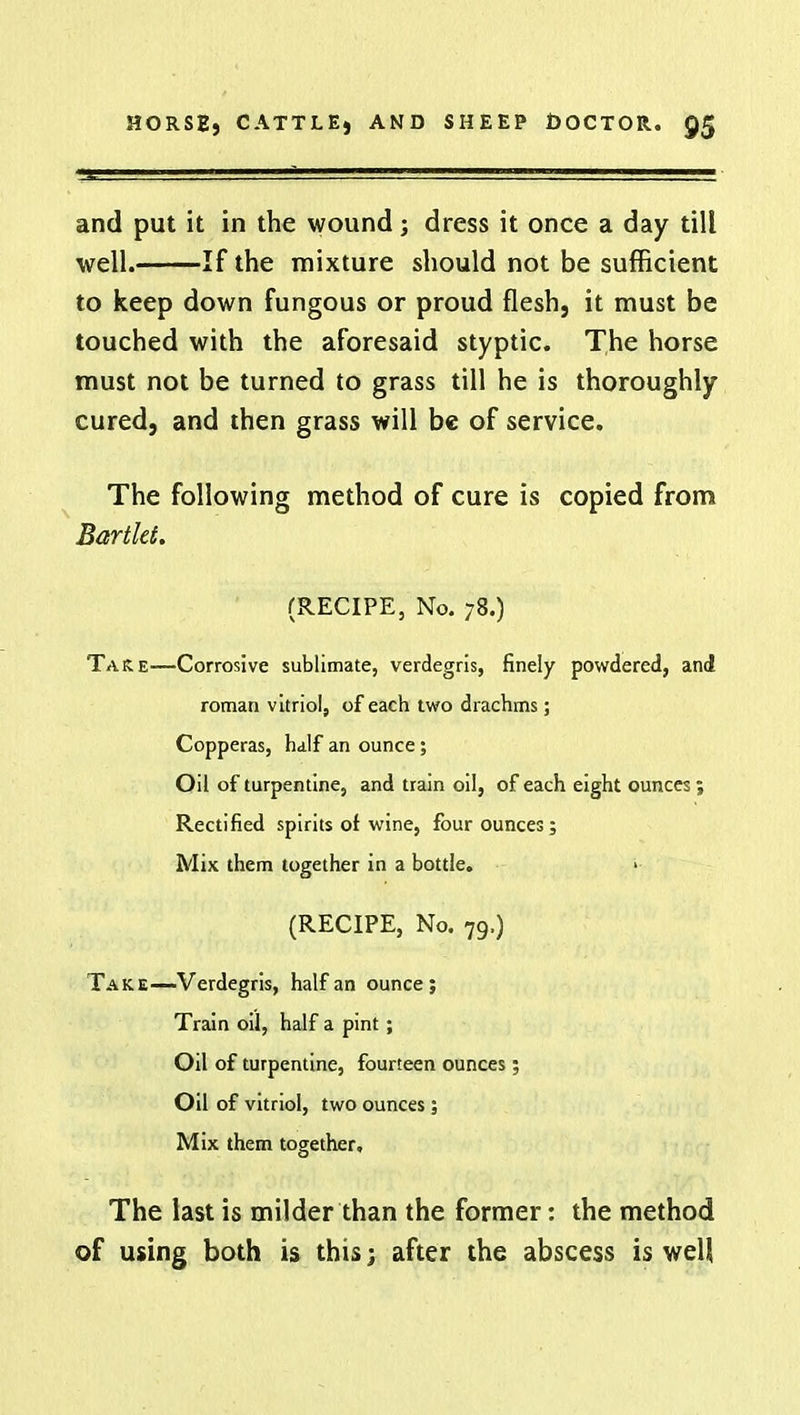 and put it in the wound; dress it once a day till well. If the mixture should not be sufficient to keep down fungous or proud flesh, it must be touched with the aforesaid styptic. The horse must not be turned to grass till he is thoroughly cured, and then grass will be of service. The following method of cure is copied from Bartlet. (RECIPE, No. 78.) Take—Corrosive sublimate, verdegris, finely powdered, and roman vitriol, of each two drachms; Copperas, half an ounce; Oil of turpentine, and train oil, of each eight ounces ; Rectified spirits of wine, four ounces; Mix them together in a bottle. > (RECIPE, No. 79,) Take—Verdegris, half an ounce; Train oil, half a pint; Oil of turpentine, fourteen ounces; Oil of vitriol, two ounces; Mix them together. The last is milder than the former: the method of using both is this; after the abscess is well