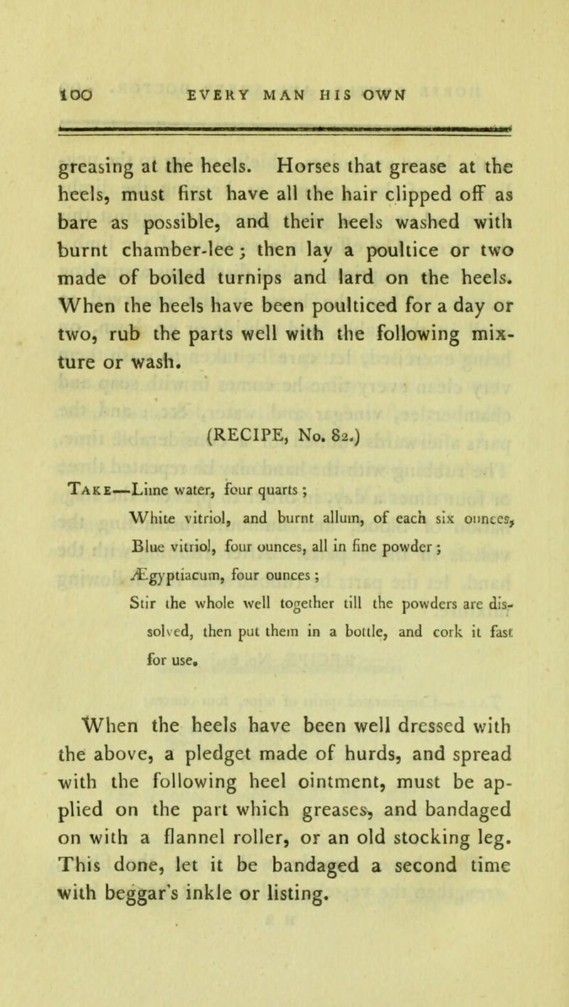 greasing at the heels. Horses that grease at the heels, must first have all the hair clipped off as bare as possible, and their heels washed with burnt chamber-lee; then lay a poultice or two made of boiled turnips and lard on the heels. When the heels have been poulticed for a day or two, rub the parts well with the following mix- ture or wash. (RECIPE, No. 82.) Take—Lime water, four quarts; White vitriol, and burnt alluin, of each six ounces, Blue vitriol, four ounces, all in fine powder ; ^Egyptiacum, four ounces; Stir the whole well together till the powders are dis- solved, then put them in a bottle, and cork it fast for use. When the heels have been well dressed with the above, a pledget made of hurds, and spread with the following heel ointment, must be ap- plied on the part which greases, and bandaged on with a flannel roller, or an old stocking leg. This done, let it be bandaged a second time with beggar's inkle or listing.
