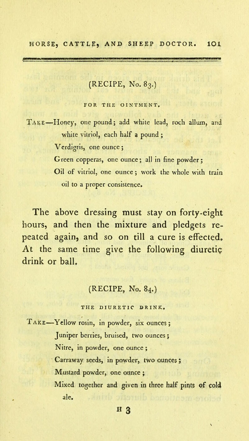 (RECIPE, No. 83.) FOR THE OINTMENT. Take—Honey, one pound; add white lead, roch allum, and white vitriol, each half a pound ; Verdigris, one ounce; Green copperas, one ounce; all in fine powder; Oil of vitriol, one ounce; work the whole with train oil to a proper consistence. The above dressing must stay on forty-eight hours, and then the mixture and pledgets re- peated again, and so on till a cure is effected. At the same time give the following diuretic; drink or ball. (RECIPE, No. 84.) THE DIURETIC BRINK. Take—Yellow rosin, in powder, six ounces; Juniper berries, bruised, two ounces; Nitre, in powder, one ounce ; Carraway seeds, in powder, two ounces; Mustard powder, one ounce ; Mixed together and given in three half pints of cold ale. « 3