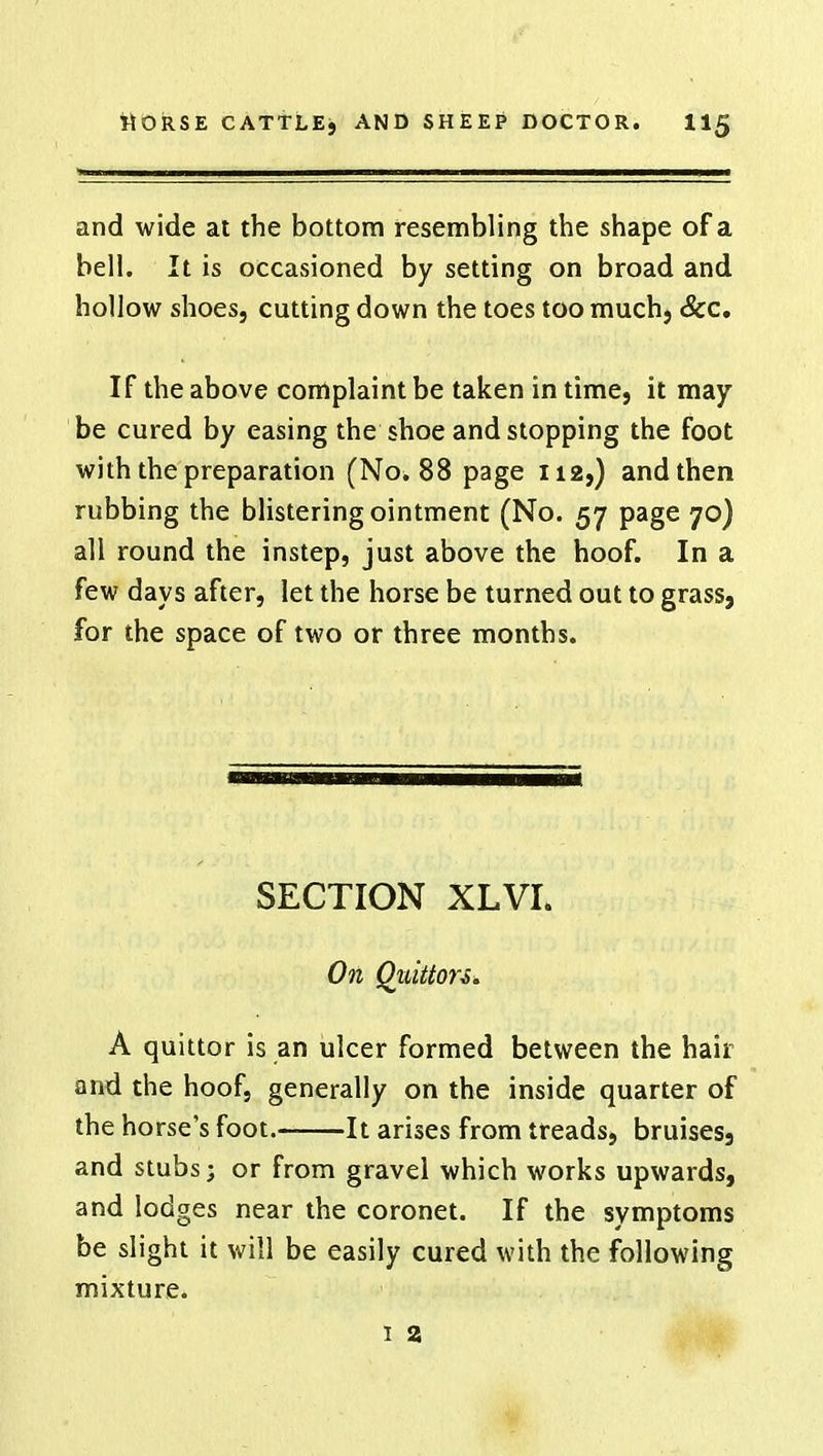 and wide at the bottom resembling the shape of a bell. It is occasioned by setting on broad and hollow shoes, cutting down the toes too much, Sec, If the above complaint be taken in time, it may be cured by easing the shoe and stopping the foot with the preparation (No. 88 page 112,) and then rubbing the blistering ointment (No. 57 page 70) all round the instep, just above the hoof. In a few days after, let the horse be turned out to grass, for the space of two or three months. SECTION XLVL On Quitton. A quittor is an ulcer formed between the hair and the hoof, generally on the inside quarter of the horse's foot. It arises from treads, bruises, and stubs; or from gravel which works upwards, and lodges near the coronet. If the symptoms be slight it will be easily cured with the following mixture.
