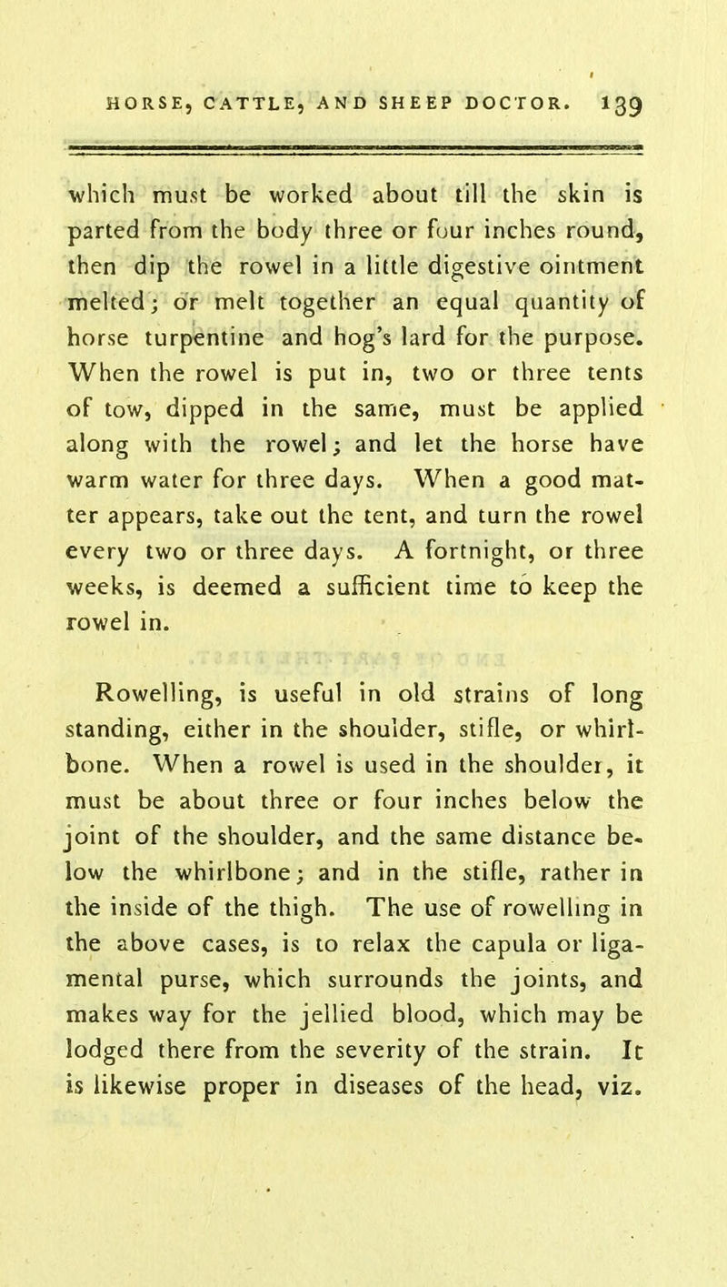 which must be worked about till the skin is parted from the body three or four inches round, then dip the rowel in a little digestive ointment melted; or melt together an equal quantity of horse turpentine and hog's lard for the purpose. When the rowel is put in, two or three tents of tow, dipped in the same, must be applied along with the rowel; and let the horse have warm water for three days. When a good mat- ter appears, take out the tent, and turn the rowel every two or three days. A fortnight, or three weeks, is deemed a sufficient time to keep the rowel in. Rowelling, is useful in old strains of long standing, either in the shoulder, stifle, or whirl- bone. When a rowel is used in the shoulder, it must be about three or four inches below the joint of the shoulder, and the same distance be- low the whirlbone; and in the stifle, rather in the inside of the thigh. The use of rowelling in the above cases, is to relax the capula or liga- mental purse, which surrounds the joints, and makes way for the jellied blood, which may be lodged there from the severity of the strain. It is likewise proper in diseases of the head, viz.