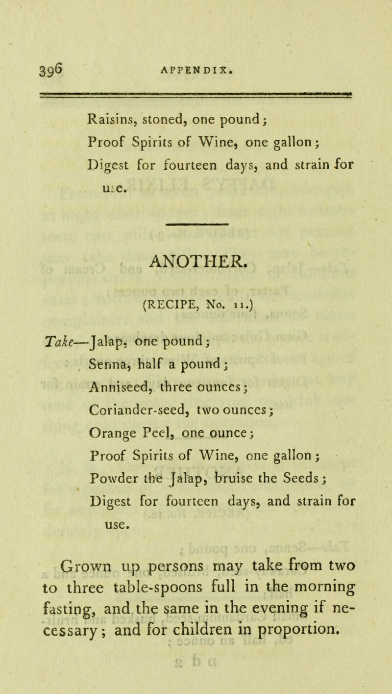 Raisins, stoned, one pound; Proof Spirits of Wine, one gallon; Digest for fourteen days, and strain for u:e. ANOTHER. (RECIPE, No. 11.) Take—Jalap, one pound; Senna, half a pound; Anniseed, three ounces; Coriander-seed, two ounces; Orange Peel, one ounce; Proof Spirits of Wine, one gallon; Powder the Jalap, bruise the Seeds; Digest for fourteen days, and strain for use. Grown up persons may take from two to three table-spoons full in the morning fasting, and the same in the evening if ne- cessary ; and for children in proportion.