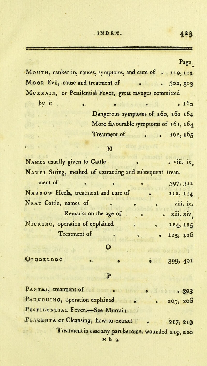 Pag*?. Mouth, canker in, causes, symptoms3 and cure of . no, iti Moor Evil, cause and treatment of . . 302,303 Murrain, or Pestilential Fever, great ravages committed by it . . . .160 Dangerous symptoms of 160, 161 164 More favourable symptpms of 161, 164 Treatment of . . 162, 165 '  ' N Names usually given to Cattle . . viii. ix. Navel String, method of extracting and subsequent treat- ment of . . . 397, 311 Narrow Heels, treatment and cure of . 112, 114 Neat Cattle, names of . . . viii. ix. Remarks on the age of . . xiii. xiv Nicking, operation of explained . . 124,125 Treatment of . . . 125, 126 O Opodeldoc . . s 399, 401 Pantas, treatment of • • . 303 Paunchinc, operation explained . .205, 206 Pestil ential Fever.—See Murrain Placenta or Cleansing, how to extract . 217, 219 Treatment in case any part becomes wounded 319, 220 h h a