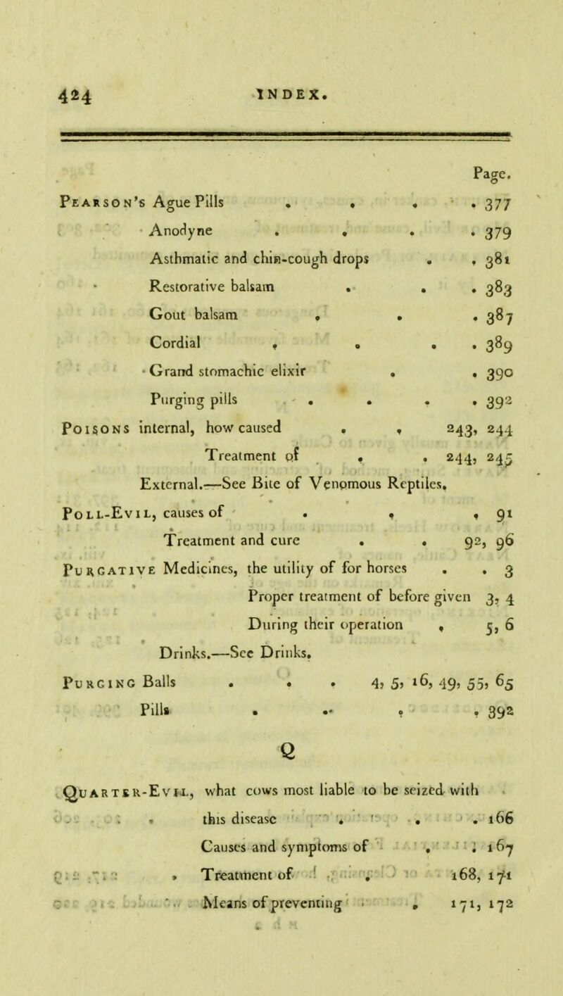 Page. s Ague Pills . . • ; • 377 Anodyne . . • 379 Asthmatic and chin-cough drops i 381 Restorative balsam • 383 Gout balsam . • 387 Cordial , . . . 389 • Grand stomachic elixir . 390 Purging pills . . • 392 internal, how caused . » 243> 244 Treatment pf . . 244, 245 External.-—See Bite of Venomous Reptiles. Poll-Evil, causes of . . , 91 Treatment and cure . . 92, 96 Purgative Medicines, the utility of for horses . . 3 Proper treatment of before given 3, 4 During their operation , c, 6 Drinks.—See Drinks. Purging Balls . . . 4> 5j »6j 49, 55> 65 Pills . . , 392 Q QuARTKR-Evti., what cows most liable to be seized with . this disease . ' . . 166 Causes and symptoms of . ] 167 Treatment of 168, 17^1 Means of preventing , 171, 172