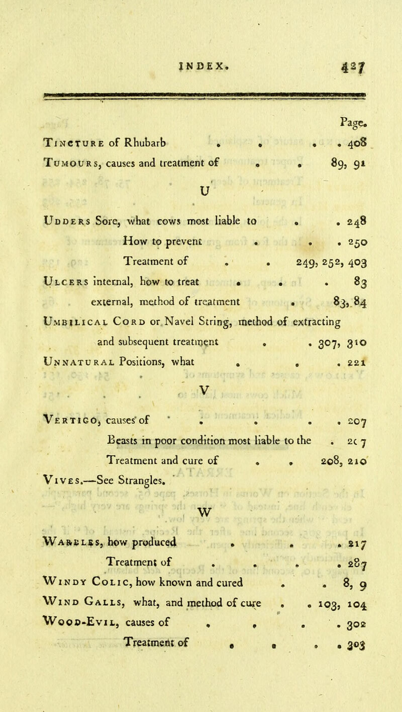 Page Tincture of Rhubarb . • . . 40S Tumours, causes and treatment of . . 89, 91 U Udders Sore, what cows most liable to . .248 How to prevent * . . 250 Treatment of . . 249, 252, 403 Ulcers internal, how to treat • . .83 external, method of treatment . 83, 84 Umbilical Cord or Navel String, method of extracting and subsequent treatment . . 307, 310 Unnatural Positions, what . . . 221 Vertigo, causes'of ' . . . 207 Beasts in poor condition most liable to the . 2c 7 Treatment and cure of . . 208, 210 Vives.—See Strangles. W War-isles, how produced . . . 417 Treatment of . . . .287 W indy Colic, how known and cured . . 8, q Wind Galls, what, and method of cure . . 103, 104 Wood-Evil, causes of , , . 302 Treatment of , , . 303