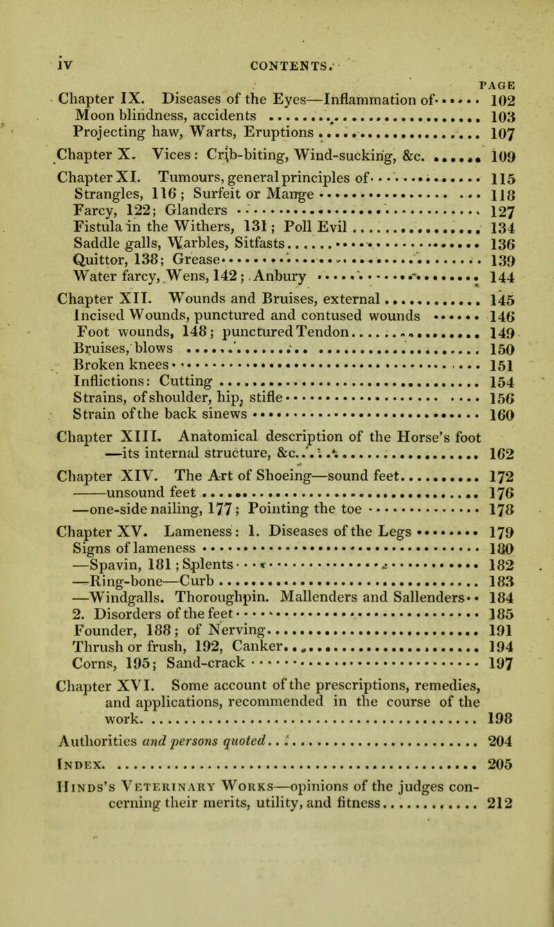 PAGE Chapter IX. Diseases of the Eyes—Inflammation of- 102 Moon blindness, accidents , 103 Projecting haw, Warts, Eruptions 107 Chapter X. Vices: Cr^b-biting, Wind-suckirig, &c 109 Chapter XI. Tumours, general principles of • 115 Strangles, 116 ; Surfeit or Mange 118 Farcy, 122; Glanders • 127 Fistula in the Withers, 131; Poll Evil 134 Saddle galls. Warbles, Sitfasts 136 Quittor, 138; Grease i^q Water farcy, Wens, 142;. Anbury . 144 Chapter XII. Wounds and Bruises, external 145 Incised Wounds, punctured and contused wounds 146 Foot wounds, 148; punctured Tendon , , 149 Bruises, blows 150 Broken knees 151 Inflictions: Cutting 154 Strains, of shoulder, hip, stifle 156 Strain of the back sinews 160 Chapter XIIL Anatomical description of the Horse's foot —its internal structure, &c..'. '..'i 162 Chapter XIV. The Art of Shoeing—sound feet 172 unsound feet 176 —one-side nailing, 177; Pointing the toe 178 Chapter XV. Lameness: 1. Diseases of the Legs 179 Signs of lameness 180 —Spavin, 181; Splents • • • « 182 —Ring-bone—Curb 183 —Windgalls. Thoroughpin. Mallenders and Sallenders*. 184 2. Disorders of the feet 185 Founder, 188; of Nerving 191 Thrush or frush, 192, Canker 194 Corns, 105; Sand-crack 197 Chapter XVI. Some account of the prescriptions, remedies, and applications, recommended in the course of the work 198 Authorities and persons quoted.. .' 204 Index 205 Hinds's Veterinary Works—opinions of the judges con- cerning their merits, utility, and fitness 212