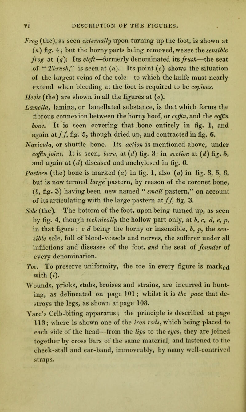 Frog (the), as seen externally upon turning up the foot, is shown at (n) fig. 4 ; but the horny parts being removed, we see the sensible frog at {q): Its cleft—formerly denominated its frush—the seat of  Thrush,^' is seen at (a). Its point {e) shows the situation of the largest veins of the sole—to which the knife must nearly extend when bleeding at the foot is required to be copious. Heels (the) are shown in all the figures at (o). Lamella, lamina, or lamellated substance, is that which forms the fibrous connexion between the horny hoof, or coffin, and the coffin bone. It is seen covering that bone entirely in fig. 1, and again at//, fig. 5, though dried up, and contracted in fig. 6. Navicula, or shuttle bone. Its action is mentioned above, under coffin joint. It is seen, bare, at {d) fig. 3; in section at (d) fig. 5, and again at (d) diseased and anchylosed in fig. 6. Pastern (the) bone is marked (a) in fig. 1, also (a) in fig. 3, 5, 6, but is now termed large pastern, by reason of the coronet bone, (6, fig. 3) having been new named  small pastern, on account of its articulating with the large pastern at// fig. 3. Sole (the). The bottom of the foot, upon being turned up, as seen by fig. 4, though technically the hollow part only, at b, c, d, e, p, in that figure ; c d being the horny or insensible, b, p, the sen- sible sole, full of blood-vessels and nerves, the sufferer under all inflictions and diseases of the foot, and the seat of founder of eyery denomination. Toe. To preserve uniformity, the toe in every figure is marked with (Z). Wounds, pricks, stubs, bruises and strains, are incurred in hunt- ing, as delineated on page 101; whilst it is the pace that de- stroys the legs, as shown at page 108. Yare's Crib-biting apparatus; the principle is described at page 113; where is shown one of the iron rods, which being placed to each side of the head—from the lips to the eyes, they are joined together by cross bars of the same material, and fastened to the cheek-stall and ear-band, inmiovcably, by many well-contrived straps.