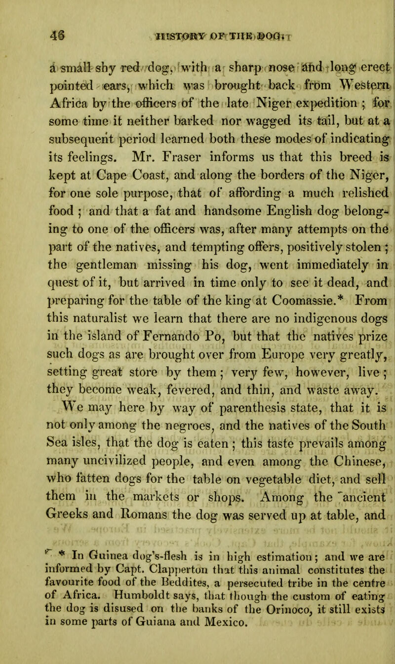 a small shy red dog, with a sharp nose and long1 erect pointed ears, which was brought back from Western Africa by the officers of the late Niger expedition ; for some time it neither barked nor wagged its tail, but at a subsequent period learned both these modes of indicating its feelings. Mr. Fraser informs us that this breed is kept at Cape Coast, and along the borders of the Niger, for one sole purpose, that of affording a much relished food ] and that a fat and handsome English dog belong- ing to one of the officers was, after many attempts on the part of the natives, and tempting offers, positively stolen ; the gentleman missing his dog, went immediately in quest of it, but arrived in time only to see it dead, and preparing for the table of the king at Coomassie.* From this naturalist we learn that there are no indigenous dogs in the island of Fernando Po, but that the natives prize such dogs as are brought over from Europe very greatly, setting great store by them ; very few, however, live; they become weak, fevered, and thin, and waste away. We may here by way of parenthesis state, that it is not only among the negroes, and the natives of the South Sea isles, that the dog is eaten ; this taste prevails among many uncivilized people, and even among the Chinese, who fatten dogs for the table on vegetable diet, and sell them in the markets or shops. Among the 'ancient Greeks and Romans the dog was served up at table, and • t»W .HjcmKi ui liuaitDfifir vhvierwtxs 9ioin <»d ion hfutulft M  * In Guinea dog's-fiesh is in high estimation; and we are informed by Capt. Clapperton that this animal constitutes the favourite food of the Beddites, a persecuted tribe in the centre of Africa. Humboldt says, that though the custom of eating the dog is disused on the banks of the Orinoco, it still exists in some parts of Guiana and Mexico.