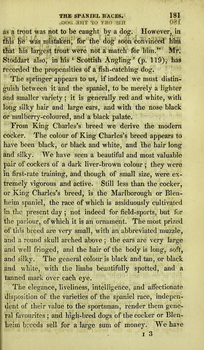.OCKi 3HT lO YflO 31 It 08 f as a trout was not to be caught by a dog. However, in this he was mistaken, for the dog soon convinced him that his largest trout were not a match for him. Mr. Stoddart also, in his ' Scottish Angling' (p. 119), has recorded the propensities of a fish-catching dog. The springer appears to us, if indeed we must distin- guish between it and the spaniel, to be merely a lighter and smaller variety; it is generally red and white, with long silky hair and large ears, and with the nose black or mulberry-coloured, and a black palate. From King Charles's breed we derive the modern cocker. The colour of King Charles's breed appears to have been black, or black and white, and Ihe hair long and silky. We have seen a beautiful and most valuable pair of cockers of a dark liver-brown colour ; they were in first-rate training, and though of small size, were ex- tremely vigorous and active. Still less than the cocker, or King Charles's breed, is the Marlborough or Blen- heim spaniel, the race of which is assiduously cultivated in the present day ; not indeed for field-sports, but for I the parlour, of which it is an ornament. The most prized of this breed are very small, with an abbreviated muzzle, and a round skull arched above ; the ears are very large and well fringed, and the hair of the body is long, soft, : and silky. The general colour is black and tan, or black and white, with the limbs beautifully spotted, and a tanned mark over each eye. The elegance, liveliness, intelligence, and affectionate : disposition of the varieties of the spaniel race, indepen- ; dent of their value to the sportsman, render them gene- ral favourites ; and high-bred dogs of the cocker or Blen- heim breeds sell for a large sum of money. We have i 3