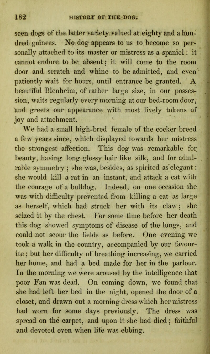 seen dogs of the latter variety valued at eighty and a hun- dred guineas. No dog appears to us to become so per- sonally attached to its master or mistress as a spaniel: it cannot endure to be absent; it will come to the room door and scratch and whine to be admitted, and even patiently wait for hours, until entrance be granted. A beautiful Blenheim, of rather large size, in our posses- sion, waits regularly every morning at our bed-room door, and greets our appearance with most lively tokens of joy and attachment. We had a small high-bred female of the cocker breed a few years since, which displayed towards her mistress the strongest affection. This dog was remarkable for beauty, having long glossy hair like silk, and for admi- rable symmetry ; she was, besides, as spirited as'elegant: she would kill a rat in an instant, and attack a cat with the courage of a bulldog. Indeed, on one occasion she was with difficulty prevented from killing a cat as large as herself, which had struck her with its claw; she seized it by the chest. For some time before her death this dog showed symptoms of disease of the lungs, and could not scour the fields as before. One evening we took a walk in the country, accompanied by our favour- ite ; but her difficulty of breathing increasing, we carried her home, and had a bed made for her in the parlour. In the morning we were aroused by the intelligence that poor Fan was dead. On coming down, we found that she had left her bed in the night, opened the door of a closet, and drawn out a morning dress which her mistress had worn for some days previously. The dress was spread on the carpet, and upon it she had died; faithful and devoted even when life was ebbing.
