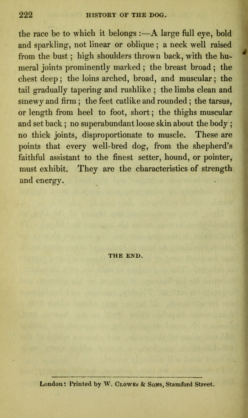 the race be to which it belongs :—A large full eye, bold and sparkling, not linear or oblique ; a neck well raised from the bust; high shoulders thrown back, with the hu- meral joints prominently marked ; the breast broad ; the chest deep; the loins arched, broad, and muscular; the tail gradually tapering and rushlike ; the limbs clean and sinewy and firm; the feet catlike and rounded; the tarsus, or length from heel to foot, short; the thighs muscular and set back ; no superabundant loose skin about the body ; no thick joints, disproportionate to muscle. These are points that every well-bred dog, from the shepherd's faithful assistant to the finest setter, hound, or pointer, must exhibit. They are the characteristics of strength and energy. THE END. London: tinted by W, Clowe* & Sons, Stamford Street.