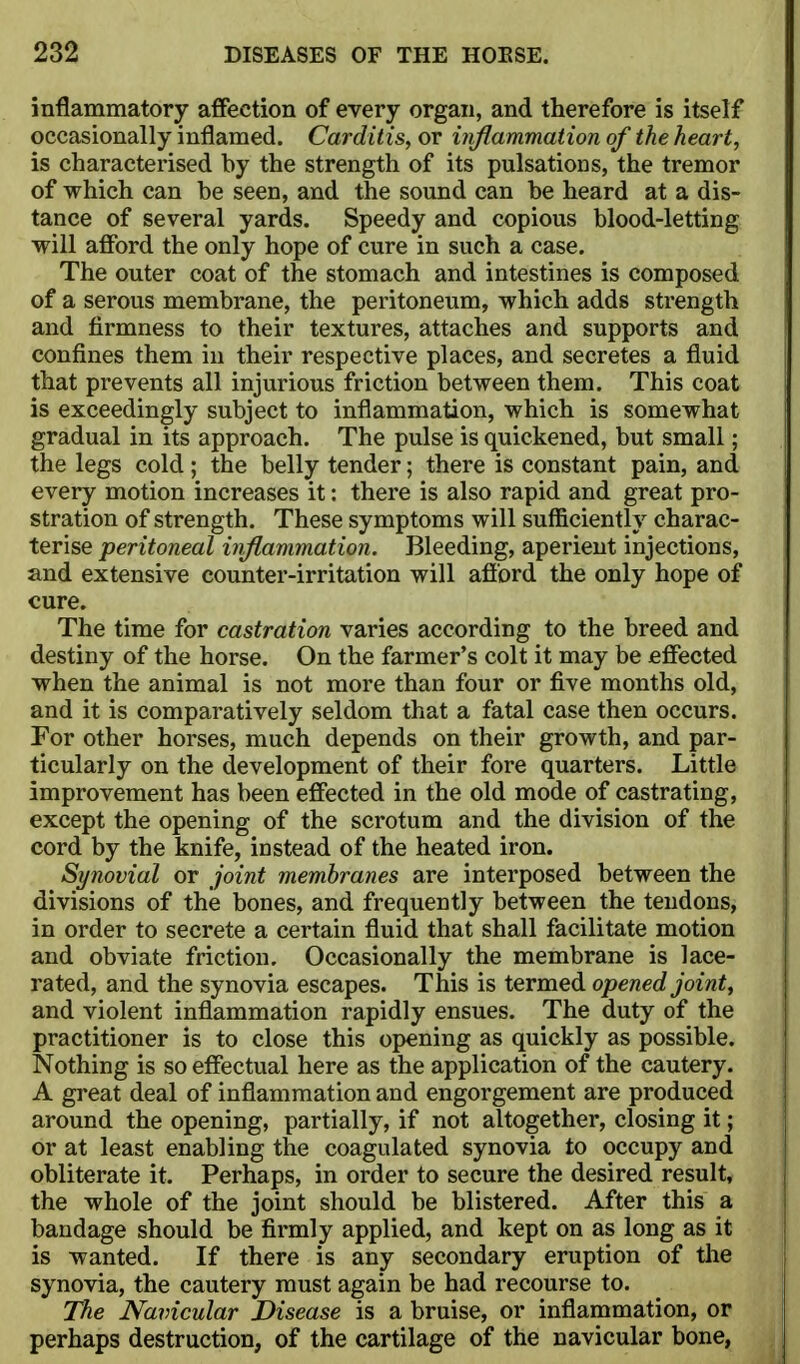 inflammatory affection of every organ, and therefore is itself occasionally inflamed. Carditis, or inflammation of the heart, is characterised by the strength of its pulsations, the tremor of which can be seen, and the sound can be heard at a dis- tance of several yards. Speedy and copious blood-letting will afibrd the only hope of cure in such a case. The outer coat of the stomach and intestines is composed of a serous membrane, the peritoneum, which adds strength and firmness to their textures, attaches and supports and confines them iu their respective places, and secretes a fluid that prevents all injurious friction between them. This coat is exceedingly subject to inflammation, which is somewhat gradual in its approach. The pulse is quickened, but small; the legs cold; the belly tender; there is constant pain, and every motion increases it: there is also rapid and great pro- stration of strength. These symptoms will sufficiently charac- terise peritoneal inflammation. Bleeding, aperient injections, and extensive counter-irritation will afibrd the only hope of cure. The time for castration varies according to the breed and destiny of the horse. On the farmer's colt it may be effected when the animal is not more than four or five months old, and it is comparatively seldom that a fatal case then occurs. For other horses, much depends on their growth, and par- ticularly on the development of their fore quarters. Little improvement has been effected in the old mode of castrating, except the opening of the scrotum and the division of the cord by the knife, instead of the heated iron. Synovial or joint membranes are interposed between the divisions of the bones, and frequently between the tendons, in order to secrete a certain fluid that shall facilitate motion and obviate friction. Occasionally the membrane is lace- rated, and the synovia escapes. This is termed opened joint, and violent inflammation rapidly ensues. The duty of the practitioner is to close this opening as quickly as possible. Nothing is so effectual here as the application of the cautery. A great deal of inflammation and engorgement are produced around the opening, partially, if not altogether, closing it; or at least enabling the coagulated synovia to occupy and obliterate it. Perhaps, in order to secure the desired result, the whole of the joint should be blistered. After this a bandage should be firmly applied, and kept on as long as it is wanted. If there is any secondary eruption of the synovia, the cautery must again be had recourse to. The Navicular Disease is a bruise, or inflammation, or perhaps destruction, of the cartilage of the navicular bone,