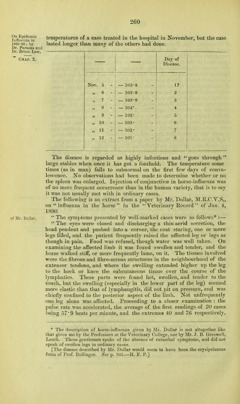 On Epidemic Influenza in 188I»-S)0 ; by Dr. Parsons and Dr. Bruce Low. ^ Chap. X. temperatures of a case treated in the hospital in November, but the case lasted longer than many of the others had done. - Day of Disease. Nov. 5 — 105-8 I? 6 - — 103-8 2 7 1 no . Q O O „ 8 - — 104* 4 » 9 - — 102- 5 10 - — 103- 6 „ 11 - — 102- 7 12 - — 101- 8 The disease is regarded as highly infectious and goes through large stables when once it has got a foothold. The temperature some times (as in man) falls to subnormal on the first few days of conva- lescence. No observations had been made to determine whether or no the spleen was enlarged. Injection of conjunctive in horse-influenza was of no more frequent occurrence than in the human variety, that is to say it was not usually met with in ordinary cases. The following is an extract from a paper by Mr. Dollar, M.E.C.V.S,, on  influenza in the horse in the  Velerinai-y Record of Jan. 4, 1890. of Mr. Dollar.  The symptoms presented by well-marked cases were as follows* :—  The eyes were closed and discharging a thin acrid secretion, the head pendent and pushed into a corner, the coat staring, one or more legs filled, and the patient frequently raised the affected leg or legs as though in pain. Food was refused, though water was well taken. On examining the affected limb it was found swollen and tender, and the horse walked stiffs, or more frequently lame, on it. The tissues involved were the fibrous and fibro-serous structures in the neighbourhood of the extensor tendons, and v/here the swelling extended higher up the leg to the hock or knee the subcutaneous tissue over the course of the lymphatics. These parts were found hot, swollen, and tender to the touch, but the swelling (especially in the lower part of the leg) seemed more elastic than that of lymphangitis, did not pit on pressure, and was chiefly confined to the posterior aspect of the limb. Not unfrequently one leg alone was affected. Proceeding to a closer examination : the pulse rate was accelerated, the average of the first readings of 20 cases being 57 9 beats per minute, and the extremes 40 and 76 respectively. * The description of horse-influenza given by Mr. Dollar is not altogether like that given me by the Professors at the Veterinary College, nor by Mr. J. B. Greswell,^ Louth. These gentlemen spoke of the absence of catarrhal symptoms, and did not speak of swollen legs in ordinary cases. [The disease described by Mr. Dollar would seem to have been the erysipelatous form of Prof. Boninger. See p. 105.—H. F. P.]