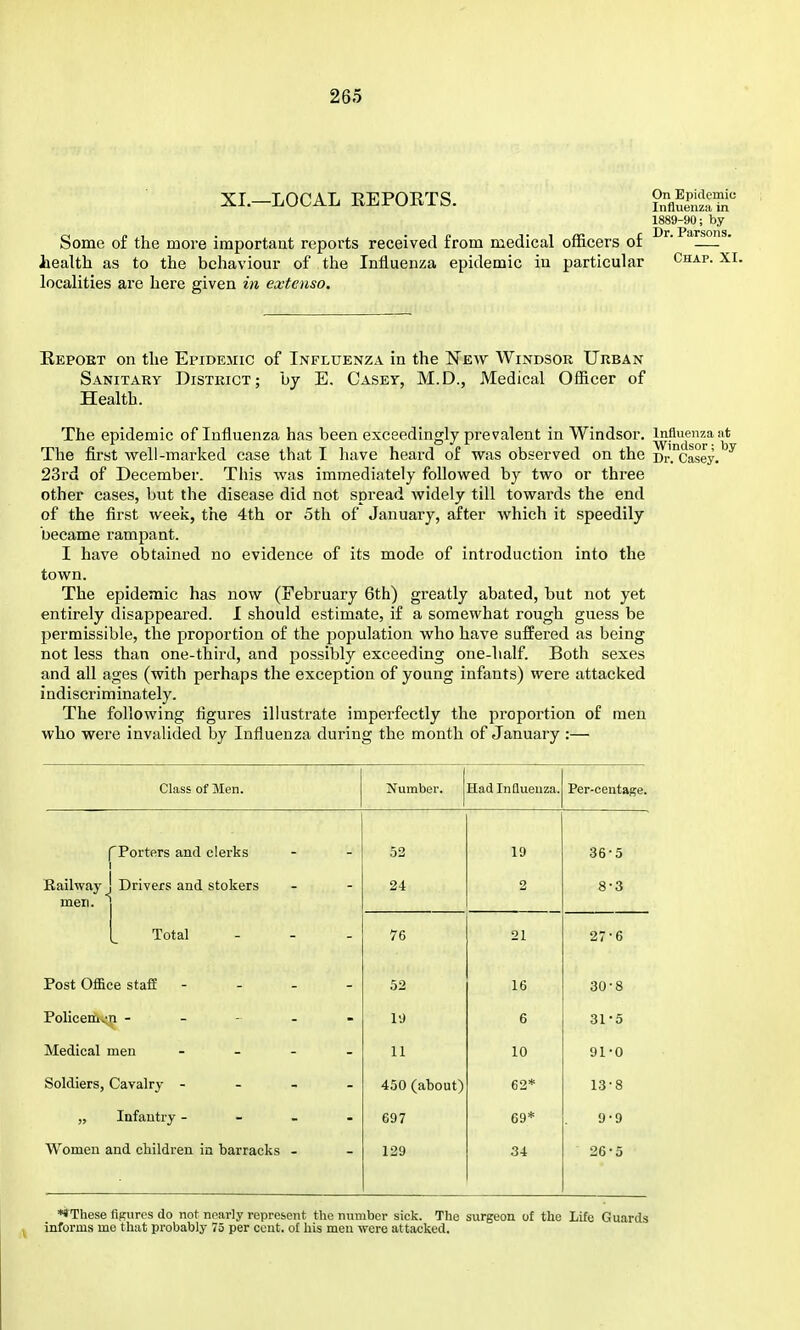 XL-LOCAL EEPOETS. ?°flSar 1889-90; by Some of the more important reports received from medical officers of ' — ' health as to the behaviour of the Influenza epidemic in particular Chap. XI. localities are here given in extenso. Eepoet on the Epidemic of Influenza in the New Windsor Urban Sanitary District; by E. Caset, M.D., Medical Officer of Health. The epidemic of Influenza has been exceedingly prevalent in Windsor, influenza at The first well-marked case that I have heard of was observed on the Dr.°Casey. ^ 23rd of December. Tliis was immediately followed by two or three other cases, but the disease did not spread widely till towards the end of the first weeic, the 4th or 5th of January, after which it speedily became rampant. I have obtained no evidence of its mode of introduction into the town. The epidemic has now (February 6th) greatly abated, but not yet entirely disappeared. I should estimate, if a somewhat rough guess be permissible, the proportion of the population who have suffered as being not less than one-third, and possibly exceeding one-half. Both sexes and all ages (with perhaps the exception of young infants) were attacked i ndiscrim inately. The following figures illustrate imperfectly the proportion of men who were invalided by Influenza during the month of January :— Class of Men. Number. Had Influenza. Per-centage. f Porters and clerks 1 52 19 36-5 Eailway _ men. Drivers and stokers 24 2 8-3 Total 76 21 27-6 Post Office stafE - - . . 52 16 30-8 Policenflyji - - - - - 19 6 31-5 Medical men - - - - 11 10 91-0 Soldiers, Cavalry - - - . 450 (about) 62* 13-8 Infantry - - - - 697 69* 9-9 Women and cWIdren in barracks - 129 34 26-5 *SThese figures do not nearly represent the number sick. The surgeon of the Life Guards informs me that probably 75 per cent, ol his men were attacked.