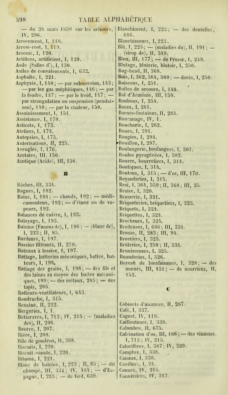 — du 2() mars 1850 sur les urinoirs, IV, 296. Arrosement, i, 118. Arrow-root, I, 11!). Arsenic, I, 120. Artifices, artificiers, 1, 129. Asile (Salles d'), I, 130. Asiles de convalescents, I, 632. Asphalte, I, 221. Asphyxie, 1,140; —par submersion, 143; — par les gaz méphitiques, I 46 ; — par la foudre, 147; — parle froid, 147; — par strangulation ou suspension (pendai- son), 148; —parla chaleur, 150. Assainissement, I, 151. Assistance, I, 170. Asticots, I, 173. Ateliers, I, 174. Autopsies, I, 175. Autorisations, II, 225. Aveugles, î, 176. Azotates^ III, 150. Azotique (Acide), III, 150. B Bâches, III, 334. Bagnes, I, 182. Bains, I, 184 ; — chauds, 192 ; — médi- camenteux, 192; — d'étutë ou de va- peurs, 192. Balances de cuivre, I, 193. Balayage, I, 193. Baleine (Fanons de), I, 196; — (blanc de), 1, 223 ; II, 85. Bardeurs, I, 197. Bassins filtrants, II, 279. Bateaux à lessive, I, 197. Battage, batteries mécaniques, battes, bat- teurs, I, 198. Battage des grains, I, 198; — des fils et des laines au moyen des battes mécani- ques, 199; — des métaux, 205; — des tapis, 205. lialtcurs-ventilateurs, I, 643. Baudruche, I, 315. Benzine, II, 222. Bergeries, I, 1. Betteraves, I, 713; IV, 215 ; — (maladies des), II, 206. Beurre, I, 207. Bière, I, 208. liile de goudron, II, 368. Biscuits, I, 220. Biscuit-viande, 1, 220. Bitume, I, 221. Blanc de baleine, I, 223 ; II, 85 , — dit champé, III, 33i; IV, 484 ; — d'Es- pagne, I, 223 ; — de lard, 639. Blanchiment, I, 223; — des dentelles, 686. Blanchisseurs, I, 223. Blé, I, 225; — (maladies du), II, 191 ; — (sirop de), II, 349. Bleu, III, 177; — de Prusse, 1, 249. Blutage, bluterie, blutoir, I, 250. Bog-head, II, 368. Bois, 1,362, 364, 560; — dorés, 1, 250. Boissons, I, 251. Boîtes de secours, I, 140. Bol d'Arménie, III, 159. Bonbons, I, 254. Borax, I, 261. Bornes-fontaines, II, 284. Bouc-anage, IV, 1. Boucherie, I, 262. Boues, I, 291. Bougies, I, 294. •Bouillon, I, 297. Boulangerie, boulangers, I, 301. Boules pyrogénées, I, 382. Bourre, bourreliers, I, 314. Boutiques, I, 314. Boutons, I, 315; — d'os, III, 170. Boyauderies, I, 315. Brai, I, 364, 559; II, 368; III, 35. Braise, I, 320. Brasserie, I, 321. Briqueteries, briquetiers, I, 323. Briquets, I, 324. Briquettes, I, 324. Brocheurs, I, 324. Brodeuses, I, 686; III, 334. Bronze, II, 283; III, 94. Brossiers, I, 325. Brûleries, I, 250 ; II, 334. Brunisseuses, I, 325. Buanderies, I, 326. Bureau de bienfaisance, I, 328; — des mœurs, III, 431 ; — de nourrices, II, 152. 1 Cabinets d'aisances, II, 287. Café, I, 337. Cageot, IV, 119. Cailloutenrs, I, 338. Calambre, II, 675. Calcination d'os, III, 166; — des vinasses. I, 713; IV, 215. Calorifères, I, 387; IV, 329. Camphre, I, 338. . Canaux, I, 338. Canificrs, I, 24. Cannes, IV, 215. Cannissiers, IV, 313.