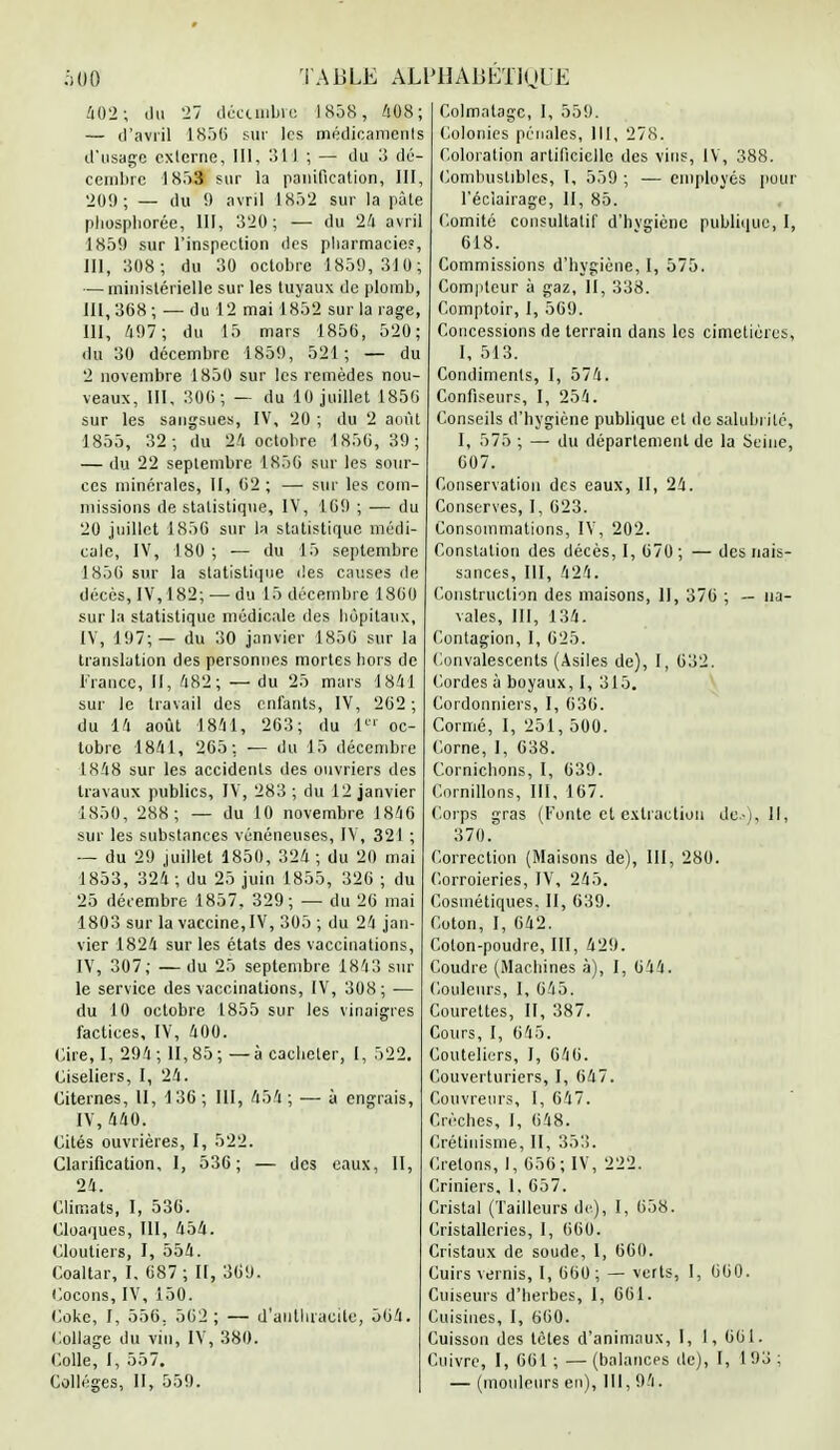 402; du 27 décembre 1858, 408; — d'avril 1856 sur les médicaments d'usage externe, III, 311 ; — du 3 dé- cembre 1853 sur la panification, III, 209; — du 9 avril 1852 sur la pâte pliosphorée, III, 320; — du 24 avril 1859 sur l'inspection des pharmacie?, 111, 308 ; du 30 octobre 1859,310; — ministérielle sur les tuyaux de plomb, 111,368; — du 12 mai 1852 sur la rage, III, 497; du 15 mars 1856, 520; <lu 30 décembre 1859, 521 ; — du 2 novembre 1850 sur les remèdes nou- veaux, III, 306; — du 10 juillet 1850 sur les sangsues, IV, 20 ; du 2 août 1855, 32; du 24 octobre 1856, 39; — du 22 septembre 1850 sur les sour- ces minérales, II, 62 ; — sur les com- missions de statistique, IV, 169 ; — du 20 juillet 1856 sur la statistique médi- cale, IV, 180 ; — du 15 septembre 1856 sur la statistique îles causes de décès, IV, 182; — du 15 décembre 1860 sur la statistique médicale des hôpitaux, IV, 197; — du 30 janvier 1850 sur la translation des personnes mortes hors de France, II, 482; — du 25 mars 1841 sur le travail des enfants, IV, 262 ; du 14 août 1841, 263; du L« oc- tobre 1841, 265; — du 15 décembre 1848 sur les accidents des ouvriers des travaux publics, IV, 283 ; du 12 janvier 1850, 288; — du 10 novembre 1846 sur les substances vénéneuses, IV, 321 ; — du 29 juillet 1850, 324 ; du 20 mai 1853, 324; du 25 juin 1855, 326 ; du 25 décembre 1857, 329; — du 26 mai 1803 sur la vaccine, IV, 305 ; du 24 jan- vier 1824 sur les états des vaccinations, IV, 307; —du 25 septembre 1843 sur le service des vaccinations, IV, 308; — du 10 octobre 1855 sur les vinaigres factices, IV, 400. Cire, I, 294; 11,85; — à cacheter, I, 522. Oiseliers, I, 24. Citernes, II, 136; III, 454 ; — à engrais, IV, 440. Cités ouvrières, I, 522. Clarification, 1, 536; — des eaux, II, 24. Climats, I, 536. Cloaques, III, 454. Cloutiers, I, 554. Coaltar, I. 687 ; II, 369. Cocons, IV, 150. Coke, I, 556. 562 ; — d'anthracite, 564. Collage du vin, IV, 380. Colle, I, 557. Collèges, II, 559. Colmatage, I, 559. Colonies pénales, III, 278. Coloration artificielle des vins, IV, 388. Combustibles, I, 559 ; — employés pour l'éclairage, II, 85. Comité consultatif d'hvgiènc publique, I, 618. Commissions d'hygiène, I, 575. Compteur à gaz, II, 338. Comptoir, I, 569. Concessions de terrain dans les cimetières, I, 513. Condiments, I, 574. Confiseurs, I, 254. Conseils d'hygiène publique et de salubrité, I, 575 ; — du département de la Seine, 607. Conservation des eaux, II, 24. Conserves, I, 623. Consommations, IV, 202. Constation des décès, I, 670; — des nais- sances, III, 424. Construction des maisons, II, 376 ; — na- vales, III, 134. Contagion, 1, 625. Convalescents (Asiles de), I, 632. Cordes à boyaux, I, 315. Cordonniers, I, 636. Cormé, I, 251, 500. Corne, I, 638. Cornichons, I, 639. Cornillons, III, 167. Corps gras (Fonte cl extraction de i. Il, 370. Correction (Maisons de), III, 280. Corroieries, IV, 245. Cosmétiques. II, 039. Coton, I, 642. Colon-poudre, III, 429. Coudre (Machines à), I, 644. Couleurs, I, 645. Courettes, II, 387. Cours, I, 045. Couteliers, I, 646. Couverturiers, I, 647. Couvreurs, I, 647. Crèches, I, 648. Crétinisme, II, 35!!. Créions, I, 656; IV, 222. Criniers, 1, 657. Cristal (Tailleurs de), I, 658. Cristalleries, I, 660. Cristaux de soude, I, 660. Cuirs vernis, I, 660; — verts, 1, 600. Cuiseurs d'herbes, I, 601. Cuisines, I, 660. Cuisson des tètes d'animaux, I, I, 661. Cuivre, I, 661; — (balances de), I, L93; — (mouleurs en), III, 94.