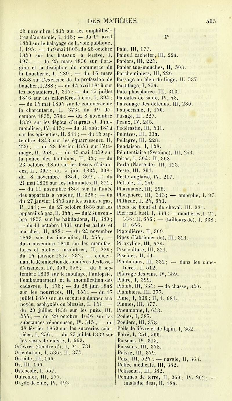 25 novembre 1834 sur les amphithéâ- tres d'anatomie, I, 115; — du 1er avril 1843 sur le balayage de la voie publique, I, 195; — du 9 mai 1805, du 25 octobre 1840 sur les bateaux à lessive, I, 197; — du 25 mars 1830 sur l'ori- gine et la discipline du commerce de la boucherie, I, 289 ; — du 16 mars 1858 sur l'exercice de la profession de boucher, 1,288 ; — du 14 avril 1819 sur les boyaudiers, I, 317; —du 15 juillet 184b' sur les calorifères à eau, I, 394 ; — du 14 mai 1804 sur le commerce de la charcuterie, I, 373; du 19 dé- cembre 1835, 374 ; — du 8 novembre 1839 sur les dépôts d'engrais et d'im- mondices, IV, 415; — du 31 août 1842 sur les épizooties, II, 211 ; — du 15 sep- tembre 1843 sur les équarrisseurs, II, 220; — du 28 février 1853 sur réta- mage, II, 258; — du 15 mai 1849 sur la police des fontaines, II, 34 ; — du 23 octobre 1850 sur les fosses d'aisan- ces, II, 307 ; du 5 juin 1834, 308; du 8 novembre 1851, 309 ; — du 21 mai 1838 sur les fulminates, II, 322; — du 11 novembre 1854 sur la fumée des appareils à vapeur, II, 326; — du du 27 janvier 1846 sur les usines à gaz, 1' 441 ; — du 27 octobre 1855 sur les appareilsà gaz, II, 344 ; — du 23 novem- bre 1853 sur les habitations, H, 380 ; — du 11 octobre 1831 sur les halles et marchés, II, 422 ; — du 24 novembre 1843 sur les incendies, II, 405 ; — du 5 novembre 1810 sur les manufac- tures et ateliers insalubres, II, 229 ; du 14 janvier 1815, 232; — concer- nant la désinfection des matières des fosses d'aisances, IV, 356, 358; — du 6 sep- tembre 1839 sur le moulage, l'autopsie, l'embaumement et la momification des cadavres, I, 175; — du 26 juin 1842 sur les nourrices, III, 154; — du 17 juillet 1851) sur les secours à donner aux noyés, asphyxiés ou blessés, I, 141 ; — du 20 juillet 1838 sur les puits, III, 455; — du 29 octobre 1846 sur les substances vénéneuses, IV, 315 ; — du 28 février 1853 sur les sucreries colo- riées, I, 256 ; — du 23 juillet 1832 sur les vases de cuivre, I, 663. Orfèvres (Cendre d'), 1, 21, 731. Orientation, I, 536; II, 374. Orseille, III, 166. Os, III, 166. Ostéocole, I, 557. Outremer, III, 177. Oxyde de zinc, IV, 493. S» Pain, III, 177. Pains à cacheter, III, 224. Papiers, III, 224. Papier tue-mouches, II, 503. Parcheminiers, III, 226. Passage au bleu du linge, II, 537. Pastillage, I, 254. Pâte phosphorée, III, 313. Patentes de santé, IV, 48. Patronage des détenus, III, 280. Paupérisme, I, 170. Pavage, III, 227. Peaux, IV, 245. Pédérastie, III, 431. Peintres, III, 334. Pellagre, III, 228. Pendaison, I, 148. Pénitentiaire (Système), 111, 241. Péras, I, 364; II, 368. Perle (Nacre de), III, 123. Peste, III, 291. Peste anglaise, IV, 217. Pétrole, II, 240. Pharmacie, III, 298. Phosphore, III, 313; — amorphe, 1, 97. Phthisie, I, 24, 643. Pieds de bœuf et de cheval, III, 321. Pierres à fusil, I, 338 ; — meulières,!, 24, 338 ; II, 656 ; — (tailleurs de), I, 338 ; II, 656. Pigoulières, II, 369. Pipes (Fabriques de), III, 321. Piroxyline, III, 429. Pisciculture, III, 321. Piscines, II, 41. Plantations, III, 332 ; — dans les cime- tières, I, 512. Plâtrage des vins, IV, 389. Plâtre, I, 399. Plomb, III, 334 ; — de chasse, 340. Plombiers, III, 377. Pluie, I, 536; II, 1, 681. Plumes, III, 377. Pneumonie, I, 643. Poêles, I, 387. Poêliers, III, 378. Poils de lièvre et de lapin, I, 362. Poiré, I, 251, 500. Poisons, IV, 315. Poissons, III, 378. Poivre, III, 379. Poix, III, 524 ; — navale, II, 368. Police médicale, III, 382. Polisseurs, III, 382. Pommes de terre, II, 269; IV, 202; — (maladie des), II, 184.