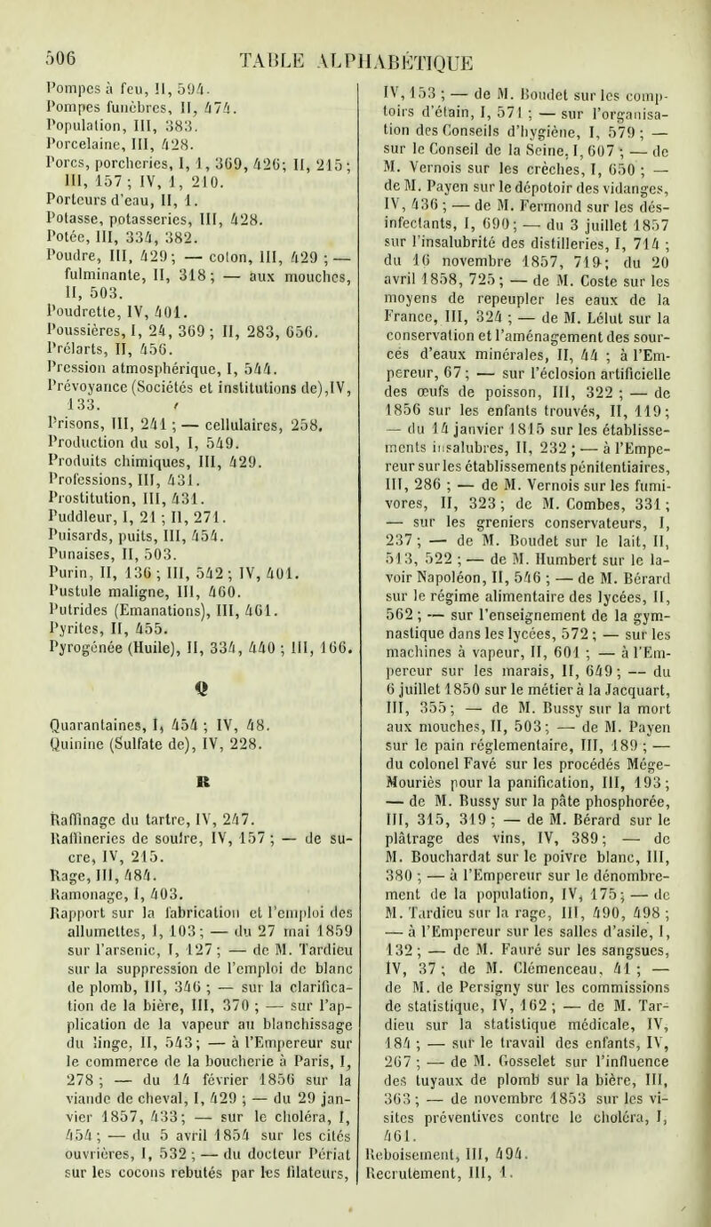 Ô06 TABLE AL Pli Pompes à feu, II, 50-4. Pompes funèbres, Ii, 474. Population, III, 383. Porcelaine, III, 428. Porcs, porcheries, I, 1, 309, 426', H, 245; M, 157 ; IV, 1, 210. Porteurs d'eau, II, 1. Potasse, potasseries, III, 428. Potée, III, 334, 382. Poudre, III, 429; — coton, III, 429 ; —■ fulminante, II, 318; — aux mouches, II, 503. l'oudrette, IV, 401. Poussières, I, 24, 369 ; II, 283, 650. Prélarts, II, 456. Pression atmosphérique, I, 544. Prévoyance (Sociétés et institutions de),IV, 133. t Prisons, III, 241 ; — cellulaires, 258. Production du sol, I, 549. Produits chimiques, III, 429. Professions, III, 431. Prostitution, III, 431. Puddleur, I, 21; II, 271. Puisards, puits, III, 454. Punaises, II, 503. Purin, II, 136 ; III, 542; IV, 401. Pustule maligne, III, 460. Putrides (Emanations), III, 401. Pyrites, II, 455. Pyrogénée (Huile), II, 334, 440 ; III, 166. Quarantaines, I, 454; IV, 48. Quinine (Sulfate de), IV, 228. R Raffinage du tartre, IV, 247. Raffineries de soulre, IV, 157 ; — de su- cre, IV, 215. Rage, III, 484. Ramonage, I, 403. Rapport sur la fabrication et l'emploi des allumettes, 1, 103; — du 27 mai 1859 sur l'arsenic, F, 127; — de M. Tardieu sur la suppression de l'emploi de blanc de plomb, III, 340 ; — sut la clarifica- tion de la bière, III, 370 ; — sur l'ap- plication de la vapeur an blanchissage du linge, II, 543; — à l'Empereur sur le commerce de la boucherie à Paris, I, 278 ; — du 14 février 1856 sur la viande de cheval, I, 429 ; — du 29 jan- vier 1857, 433; — sur le choléra, I, 454 ; — du 5 avril 1854 sur les cités ouvrières, I, 532 ; — du docteur Périal sur les cocons rebutés par les lilateurs, ABÉTIQUË IV, 153 ; — de M. Roudel sur les comp- toirs d'étain, I, 571 ; — sur l'organisa- tion des Conseils d'hygiène, I, 579 ; — sur le Conseil de la Seine, I, 607 ; — de M. Vernois sur les crèches, I, 050 ; — de M. Payen sur le dépotoir des vidanges, IV, 430 ; — de Mi Fermond sur les dés- infectants, I, 090; — du 3 juillet 1857 sur l'insalubrité des distilleries, I, 714 ; du 16 novembre 1857, 719; du 20 avril 1858, 725 ; — de M. Coste sur les moyens de repeupler les eaux de la France, III, 324 ; — de M. Lélut sur la conservation et l'aménagement des sour- cés d'eaux minérales, II, 44 ; à l'Em- pereur, 67; — sur l'éclosion artificielle des œufs de poisson, III, 322 ; — de 1856 sur les enfants trouvés, II, 119; — du 14 janvier 1 815 sur les établisse- ments insalubres, II, 232 ; •— à l'Empe- reur sur les établissements pénitentiaires, HT, 286 ; — de M. Vernois sur les fumi- vores, II, 323 ; de M. Combes, 331 ; — sur les greniers conservateurs, I, 237 ; — de M. Roudet sur le lait, II, 513, 522 ; — de M. Humbert sur le la- voir Napoléon, II, 546 ; — de M. Rérard sur le régime alimentaire des lycées, II, 562 ; — sur l'enseignement de la gym- nastique dans les lycées, 572 ; — sur les machines à vapeur, II, 601 ; — à l'Em- pereur sur les marais, II, 649 ; — du 6 juillet 1850 sur le métier à la Jacquart, III, 355; — de M. Russy sur la mort aux mouches, II, 503; — de M. Payen sur le pain réglementaire, III, 189 ; — du colonel Favé sur les procédés Mége- Mouriès pour la panification, III, 193; — de M. Russy sur la pâte phosphorée, III, 315, 319 ; — de M. Rérard sur le plâtrage des vins, IV, 389; — de M. Rouchardat sur le poivre blanc, III, 380 ; — à l'Empereur sur le dénombre- ment de la population, IV, 175; — de M. Tardieu sur la rage, III, 490, 498 ; — à l'Empereur sur les salles d'asile, I, 132 ; — de M. Fauré sur les sangsues, IV, 37; de M. Clémenceau, 41; — de M. de Persigny sur les commissions de statistique, IV, 162 ; — de M. Tar- dieu sur la statistique médicale, IV, 1 84 ; — sur le travail des enfants, IV, 267 ; — de M. Gosselet sur l'influence des tuyaux de plomb sur la bière, III, 363 ; — de novembre 1853 sur les vi- sites préventives contre le choléra, I, 461. Reboisement, III, 494. Recrutement, III, 1.