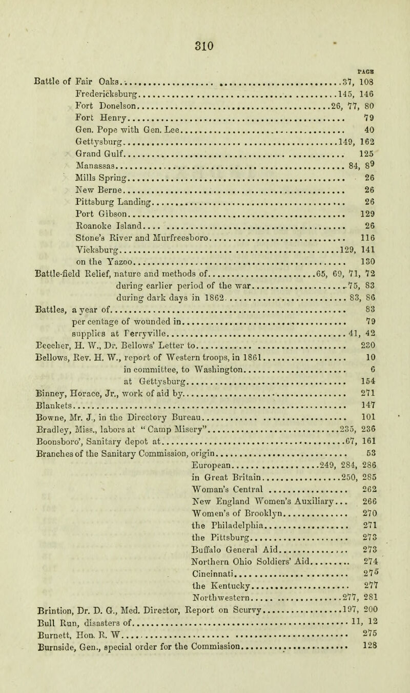 PAGB Battle of Fair Oaks. . 37, 108 Fredericksburg H5, 146 Fort Donelson 26, 77, 80 Fort Henry 79 Gen. Pope -with Gen. Lee 40 Gettysburg 149, 162 Grand Gulf 125 Manassas 84, 8^ Mills Spring 26 New Berne 26 Pittsburg Landing 26 Port Gibson 129 Koanoke Island 26 Stone's River and Murfreesboro 116 Vicksburg 129, 141 on the Yazoo 130 Battle-field Relief, nature and methods of 65, 69, 71, 72 during earlier period of the war r75, 83 during dark days in 1862 83, 86 Battles, a year of 83 per centage of wounded in 79 supplies at Ferryville 41, 42 Beecher, H. W., Dr. Bellows' Letter to 2S0 Bellows, Rev. H. W., report of Western troops, in 1861 10 in committee, to Washington 6 at Gettysburg 154 Einney, Horace, Jr., work of aid by 271 Blankets 147 Bowne, Mr. J., in the Directory Bureau 101 Bradley, Miss., labors at  Camp Misery 235, 236 Boonsboro', Sanitary depot at 67, 161 Branches of the Sanitary Commission, origin 53 European 249, 284, 286 in Great Britain 250, 285 Woman's Central 262 Kew England Women's Auxiliary... 266 Women's of Brooklyn 270 the Philadelphia 271 the Pittsburg 273 Buffalo General Aid 273 Northern Ohio Soldiers' Aid 274 Cincinnati 275 the Kentucky 277 Northwestern 277, 281 Brintion, Dr. D. G., Med. Director, Report on Scurvy 197, 200 Bull Run, disasters of 11, 12 Burnett, Hon. R. W 275 Burnside, Gen., special order for the Commiasion 128