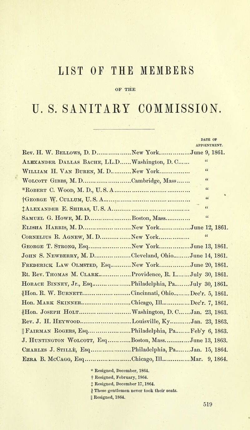 LIST OF THE MEMBERS OF THE U. S. SANITARY COMMISSION. DATE OP APPOINTMENT. Eev. H. W. Bellows, D. D New York June 9, 1861. Alexander Dallas Bache, LL.D Washington, D. C  William H. Van Buben, M. D New York  WoLCoTT GiBBS, M. D Cambridge, Mass  *EoEERT C. Wood, M. D., U. S. A fGEOBGE Vy. CULLUM, U. S. A  J Alexander E. Shibas, TJ. S. A  Samuel G. Howe, M. D Boston, Mass  Elisha Harris, M. D New York June 12, 1861. Cornelius E. Agnew, M. D New York  George T. Strong, Esq New York June 13, 1861. John S. Newberry, M. D Cleveland, Ohio June 14, 1861. Frederick Law Olmsted, Esq New York June 20, 1861. Et. Eev. Thomas M. Clark Providence, E. I July 30, 1861. Horace Binney, Jr., Esq Philadelphia, Pa July 30, 1861. §Hon. E. W. Burnett Cincinnati, Ohio Dec'r. 5, 1861. Hon. Mark Skinner Chicago, 111 Dec'r. 7, 1861. ?Hon. Joseph Holt Washington, D. C Jan. 23, 1863. Eev. J. H. Heywood Louisville, Ky Jan. 23, 1863. IIFairman Eogers, Esq Philadelphia, Pa Feb'y 6, 1863. J. Huntington Wolcott, Esq Boston, Mass June 13, 1863. Charles J. Stille, Esq Philadelphia, Pa Jan. 15, 1864. Ezra B. McCagg, Esq Chicago, 111 Mar. 9, 1864. * Resigned, December, 1864. t Resigned, February, 1864. J Resigned, December 17,1864. § These gentlemen never tools their seats. II Resigned, 1864.