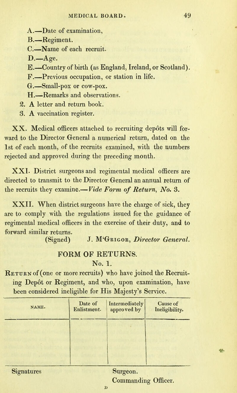 A. —Date of examination, B. —Regiment. C. —Name of each recruit. D. —Age. E. —Country of birth (as England, Ireland, or Scotland). P.—Previous occupation, or station in life. G. —Small-pox or cow-pox. H. —Remarks and observations. 2. A letter and return book. 3. A vaccination register. XX. Medical officers attached to recruiting depots will for- ward to the Director General a numerical return, dated on the 1st of each month, of the recruits examined, with the numbers rejected and approved during the preceding month. XXI. District surgeons and regimental medical officers are directed to transmit to the Director General an annual return of the recruits they examine.— Vide Form of Return, No. 3. XXII. When district surgeons have the charge of sick, they are to comply with the regulations issued for the guidance of regimental medical officers in the exercise of their duty, and to forward similar returns. (Signed) J. M'Grigor, Director General. FORM OF RETURNS. No. 1. Return of (one or more recruits) who have joined the Recruit- ing Depot or Regiment, and who, upon examination, have been considered ineligible for His Majesty's Service. NAME. Date of 1 Enlistment. Intermediately approved by Cause of Ineligibility. Signatures Surgeon. Commanding Officer.