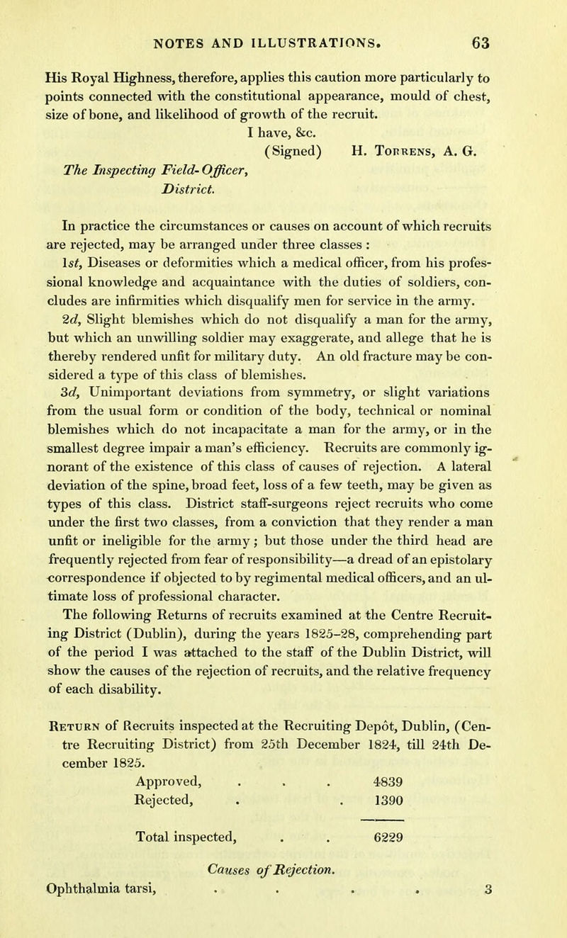 His Royal Highness, therefore, applies this caution more particularly to points connected with the constitutional appearance, mould of chest, size of bone, and likelihood of growth of the recruit. I have, &c. (Signed) H. Tofrens, A. G. The Inspecting Field- Officer, District. In practice the circumstances or causes on account of which recruits are rejected, may be arranged under three classes : 1st, Diseases or deformities which a medical officer, from his profes- sional knowledge and acquaintance with the duties of soldiers, con- cludes are infirmities which disqualify men for service in the army. 2c?, Slight blemishes which do not disqualify a man for the army, but which an unwilling soldier may exaggerate, and allege that he is thereby rendered unfit for military duty. An old fracture may be con- sidered a type of this class of blemishes. 3c?, Unimportant deviations from symmetry, or slight variations from the usual form or condition of the body, technical or nominal blemishes which do not incapacitate a man for the army, or in the smallest degree impair a man's efficiency. Recruits are commonly ig- norant of the existence of this class of causes of rejection. A lateral deviation of the spine, broad feet, loss of a few teeth, may be given as types of this class. District staff-surgeons reject recruits who come under the first two classes, from a conviction that they render a man unfit or ineligible for the army; but those under the third head are frequently rejected from fear of responsibility—a dread of an epistolary correspondence if objected to by regimental medical officers, and an ul- timate loss of professional character. The following Returns of recruits examined at the Centre Recruit- ing District (Dublin), during the years 1825-28, comprehending part of the period I was attached to the staff of the Dublin District, will show the causes of the rejection of recruits, and the relative frequency of each disability. Return of Recruits inspected at the Recruiting Depot, Dublin, (Cen- tre Recruiting District) from 25th December 1824, till 24th De- cember 1825. Approved, . . . 4839 Rejected, • . 1390 Total inspected, . . 6229 Causes of Rejection. Ophthalmia tarsi, . 3
