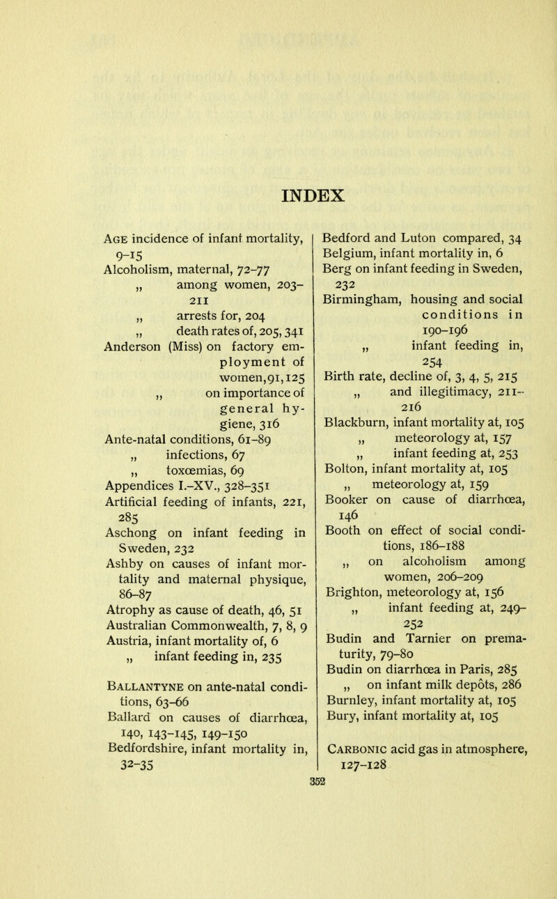 Age incidence of infant mortality, 9-15 Alcoholism, maternal, 72-77 „ among women, 203- 211 „ arrests for, 204 „ death rates of, 205,341 Anderson (Miss) on factory em- ployment of women, 91,125 „ on importance of general hy- giene, 316 Ante-natal conditions, 61-89 „ infections, 67 „ toxoemias, 69 Appendices I.-XV., 328-351 Artificial feeding of infants, 221, 285 Aschong on infant feeding in Sweden, 232 Ashby on causes of infant mor- tality and maternal physique, 86-87 Atrophy as cause of death, 46, 51 Australian Commonwealth, 7, 8, 9 Austria, infant mortality of, 6 „ infant feeding in, 235 Ballantyne on ante-natal condi- tions, 63-66 Ballard on causes of diarrhoea, 140, 143-145, 149-150 Bedfordshire, infant mortahty in, 32-35 Bedford and Luton compared, 34 Belgium, infant mortality in, 6 Berg on infant feeding in Sweden, 232 Birmingham, housing and social conditions in 190-196 „ infant feeding in, 254 Birth rate, decline of, 3, 4, 5, 215 „ and illegitimacy, 211- 216 Blackburn, infant mortality at, 105 „ meteorology at, 157 „ infant feeding at, 253 Bolton, infant mortality at, 105 „ meteorology at, 159 Booker on cause of diarrhoea, 146 Booth on effect of social condi- tions, 186-188 „ on alcoholism among women, 206-209 Brighton, meteorology at, 156 „ infant feeding at, 249- 252 Budin and Tarnier on prema- turity, 79-80 Budin on diarrhoea in Paris, 285 „ on infant milk depots, 286 Burnley, infant mortality at, 105 Bury, infant mortality at, 105 Carbonic acid gas in atmosphere, 127-128