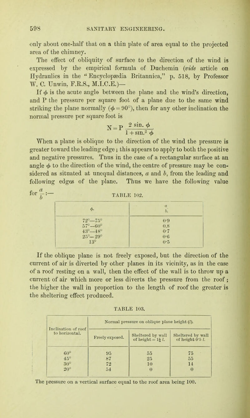only about one-half that on a thin plate of area equal to the projected area of the chhnney. The effect of obliquity of surface to the direction of the wind is expressed by the empirical formula of Duchemin {vide article on Hydraulics in the Encyclopedia Britannica, p. 518, by Professor W. C. Unwin, F.E.S., M.I.C.E.)— If ^ is the acute angle between the plane and the wind's direction, and P the pressure per square foot of a plane due to the same wind striking the plane normally = 90°), then for any other inclination the normal pressure per square foot is -^ p 2sin. </> 1 + sm.- </) When a plane is oblique to the direction of the wind the pressure is greater toward the leading edge; this appears to apply to both the positive and negative pressures. Tnus in the case of a rectangular surface at an angle ^ to the direction of the wind, the centre of pressure may be con- sidered as situated at unequal distances, a and h, from the leading and following edges of the plane. Thus we have the following value TABLE 102. (I h. 72°—75° 0-9 57°—6U° 0.8 0-7 25°—29° 0-6 13° 0-5 If the oblique plane is not freely exposed, but the direction of the current of air is diverted by other planes in its vicinity, as in the case of a roof resting on a wall, then the effect of the wall is to throw up a current of air which more or less diverts the pressure from the roof; the higher the wall in proportion to the length of roof the greater is the sheltering effect produced. TABLE 103. Inclination of roof to liorizontal. Normal pressure on oblique plane height (O- Freely exjiosed. Sheltered by wall of height = li I. Sheltered by wall of height 0-5 I. 60° 95 55 75 45° 87 25 55 30° 72 10 1-t 20° 54 0 0 The pressure on a vertical surface equal to the roof area being 100.