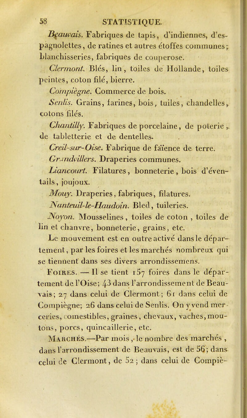 nuançais. Fabriques de tapis, d'indiennes, d'es- pagnolettes, de ratines et autres étoffes communes ;^ LIanchisseries, fabriques de coii[)crose. Clcrmont. Blés, lin, toiles de Hollande, toiles peintes, coton filé, bierre. Compiègne. Commerce de bois. Senlis. Grains, farines, bois, tuiles, chandelles, cotons fdés. Chantilly. Fabriques de porcelaine, de poterie y. de tabletterie et de dentelles. Creil-sur-Oise. Fabrique de faïence de terre. Grdndvillers. Draperies communes. Liancourt. Filatures, bonneterie , bois d'éven- tails, joujoux. Mouy. Draperies, fabriques, filatures. Nanteuil-le-Haudoin. Bled, tuileries. Noyon. Mousselines, toiles de coton , toiles de lin et chanvre, bonneterie, grains, etc. Le mouvement est en outre activé dans le dépar- tement , par les foires et les marchés nombreux qui se tiennent dans ses divers arrondissemcns. Foires. — Il se tient iSy foires dans le dépar- tement de l'Oise; 4^ dans l'arrondissement de Beau- Tais; 27 dans celui de Glermont ; 6r dans celui de Compiègne; 26 dans celui de Senlis. On y vend mer ceries, comestibles, graines, chevaux, vaches,mou- tons, porcs, quincaillerie, etc. Marchés,—Par mois , lc nombre des marchés , dans l'arrondissement de Beauvais, est de 56; dans celui de Clcrmont, de 52 ; dans celui de Compiè-